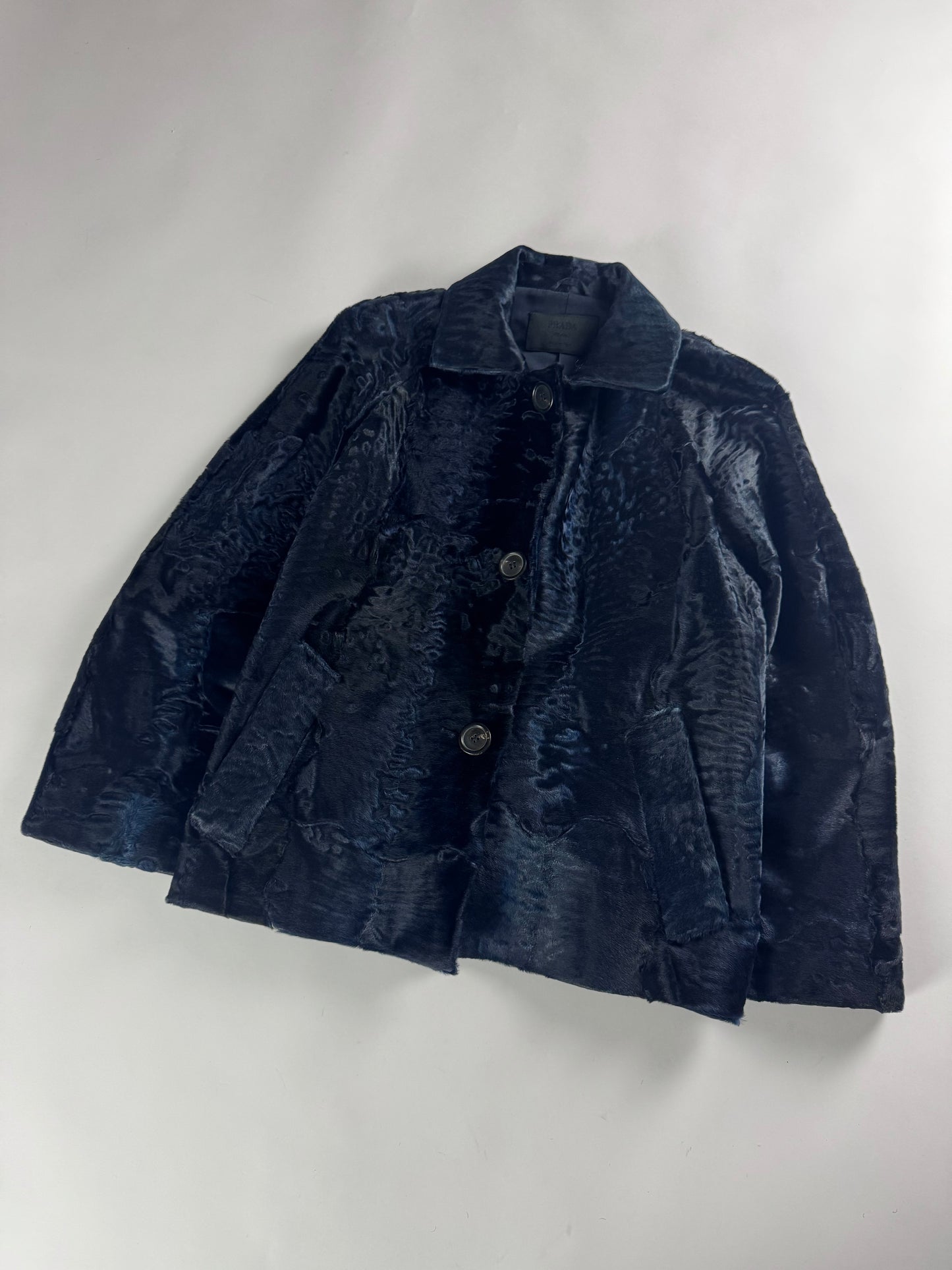 Prada Night Navy Astrakhan Fur Tailored Jacket FW 2000 - S