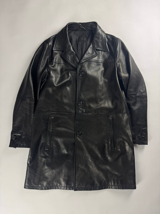 Prada Pure Black Buttoned Minimalist Leather Long Coat FW 2001 - L