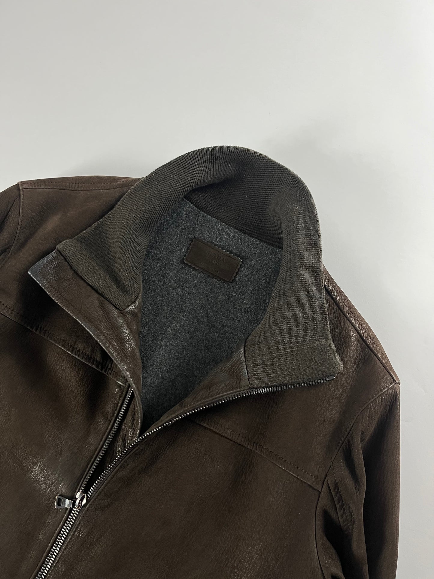 Prada Brown Premium Leather Bomber Jacket 2000s - L