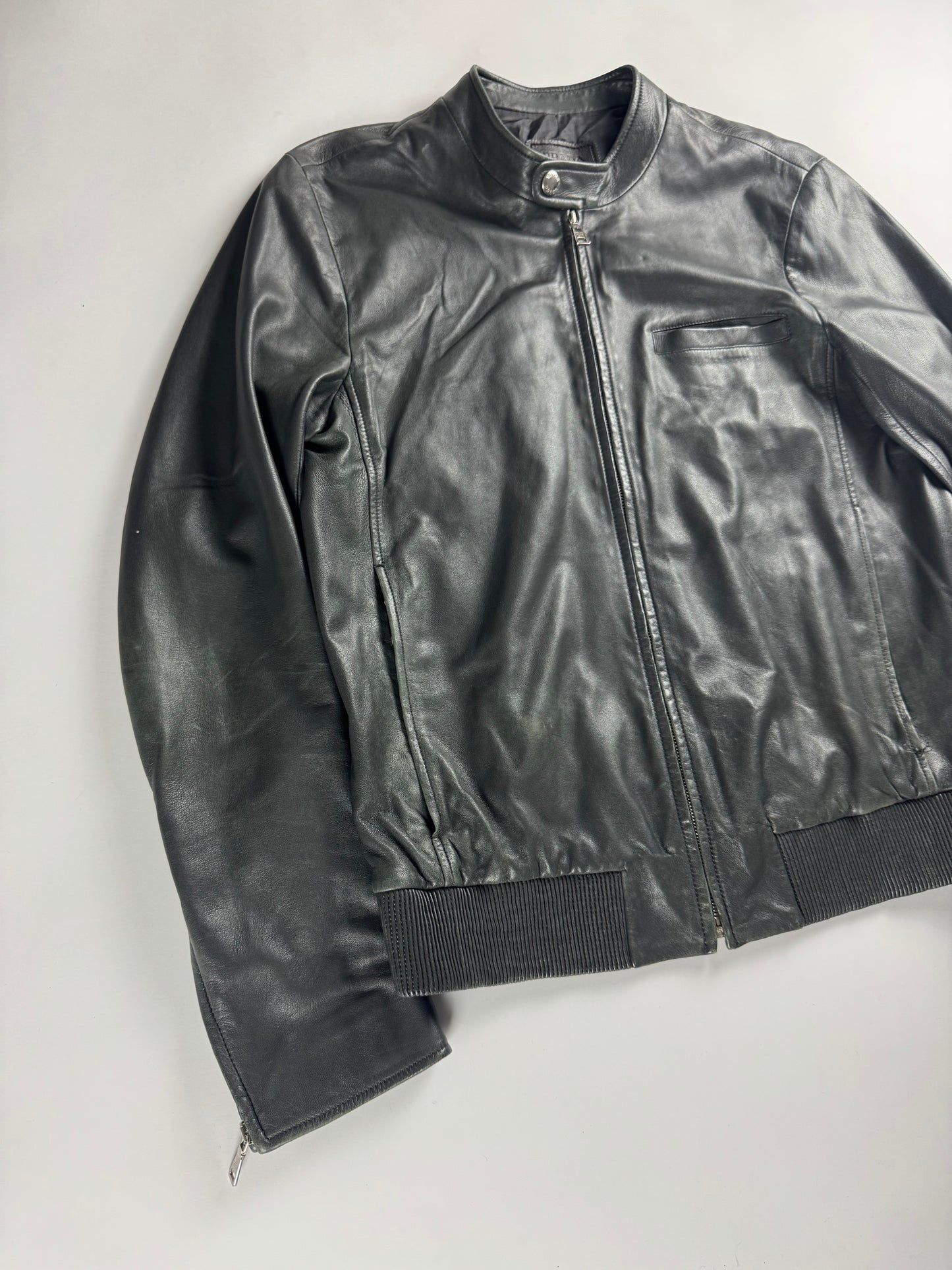 Prada Dark Grey Smooth Leather Minimalist Side Pocket Moto Jacket FW 2012 - M