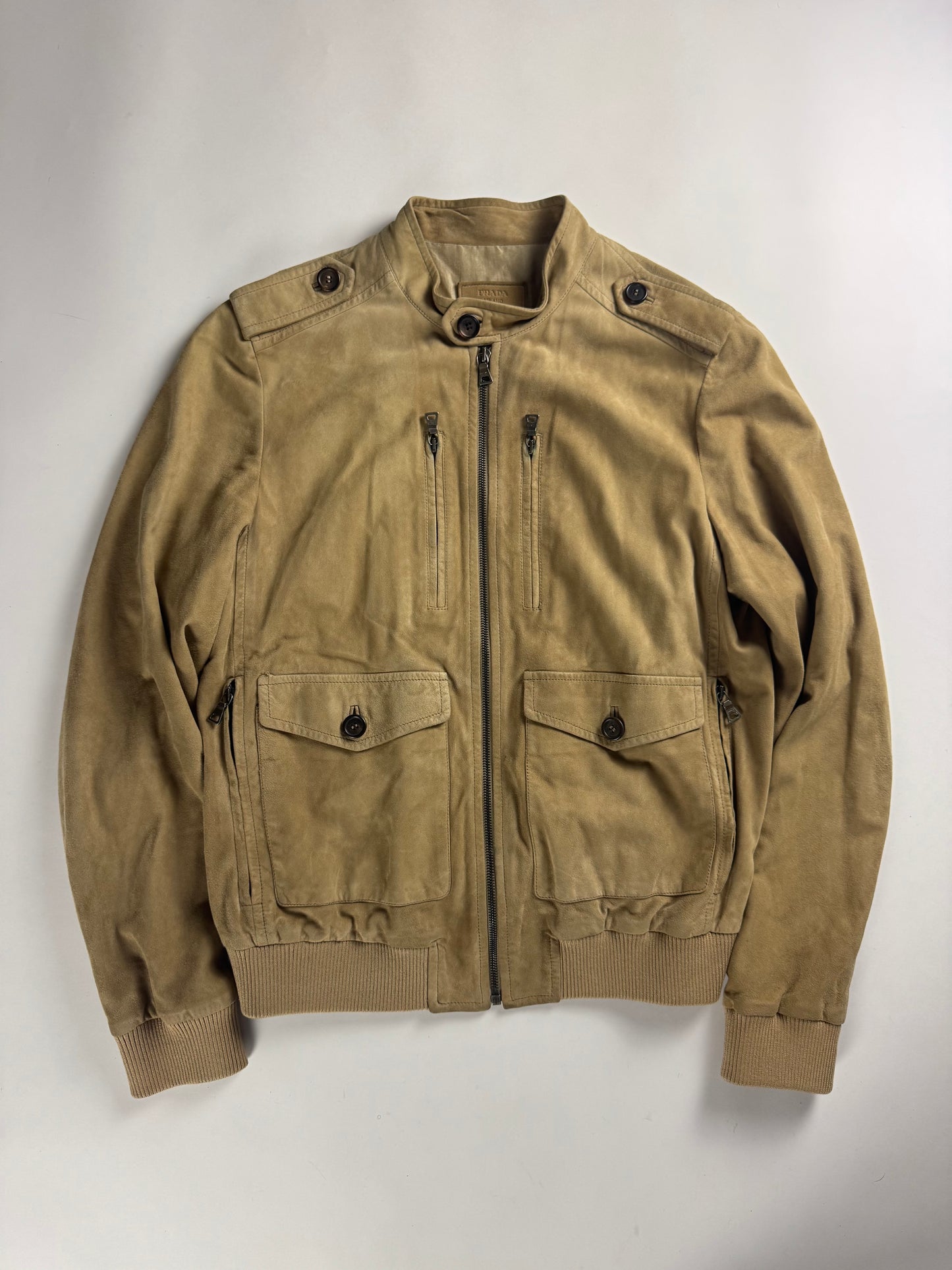 Prada Sand Suede Leather Aviator Bomber Jacket 2010s - M