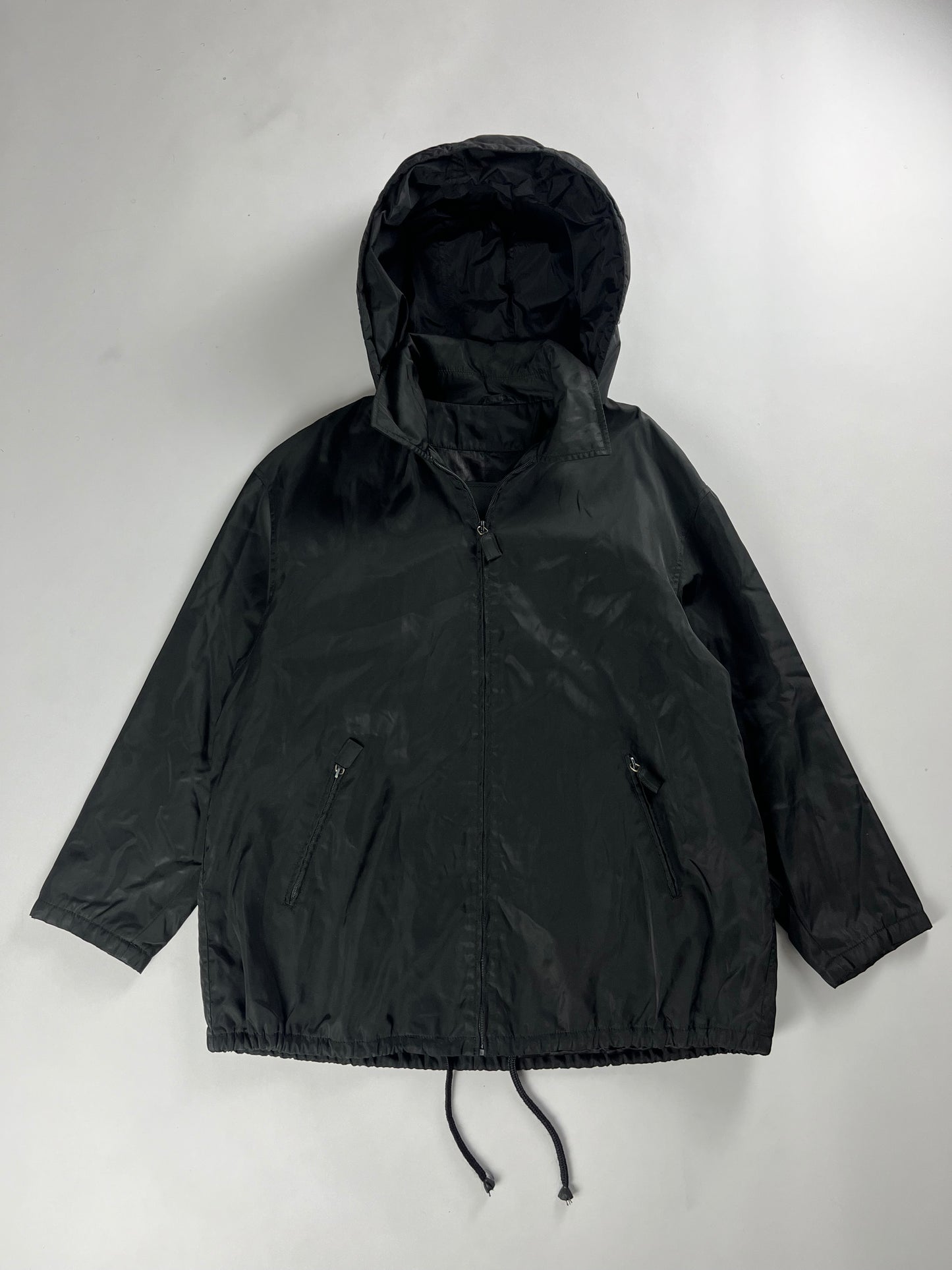 Prada Black Nylon Windbreaker Removable Hood Work Jacket 1990s - L