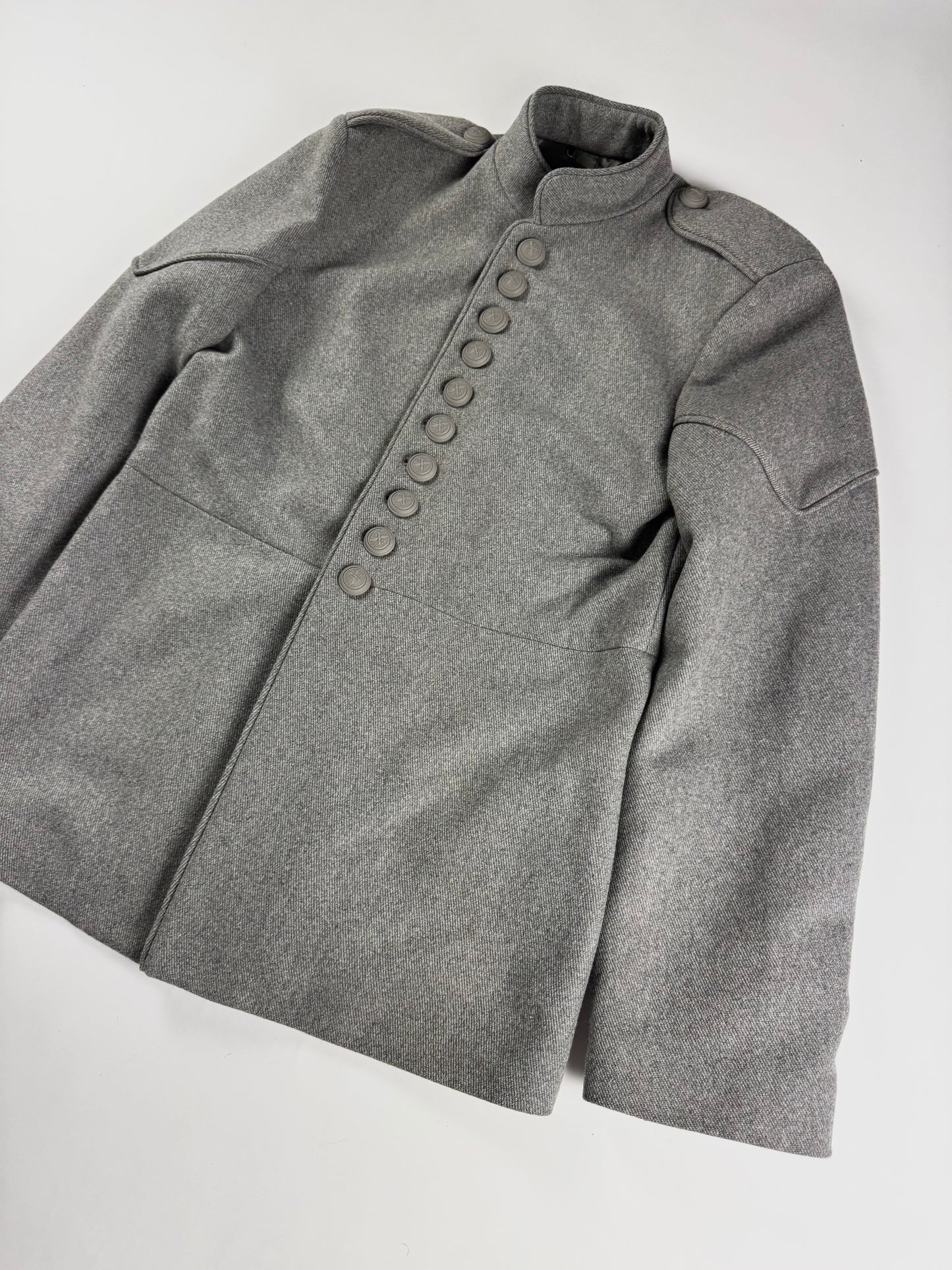 Louis Vuitton Sample Grey Wool Napoleonic Military Stand Collar Epaulettes Officer Jacket FW 2019 - M