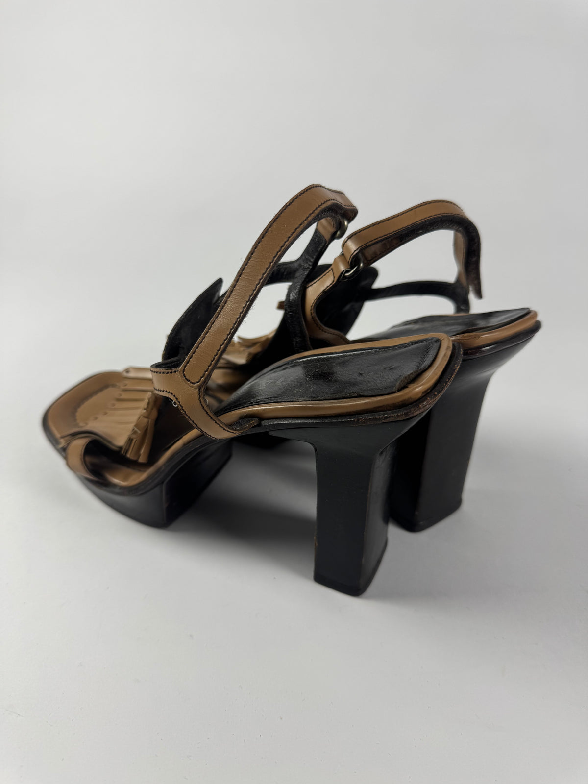 Prada Brown Fringe Leather Platform Ankle Strap Heels SS 1999 - 40 IT/40,5 EU