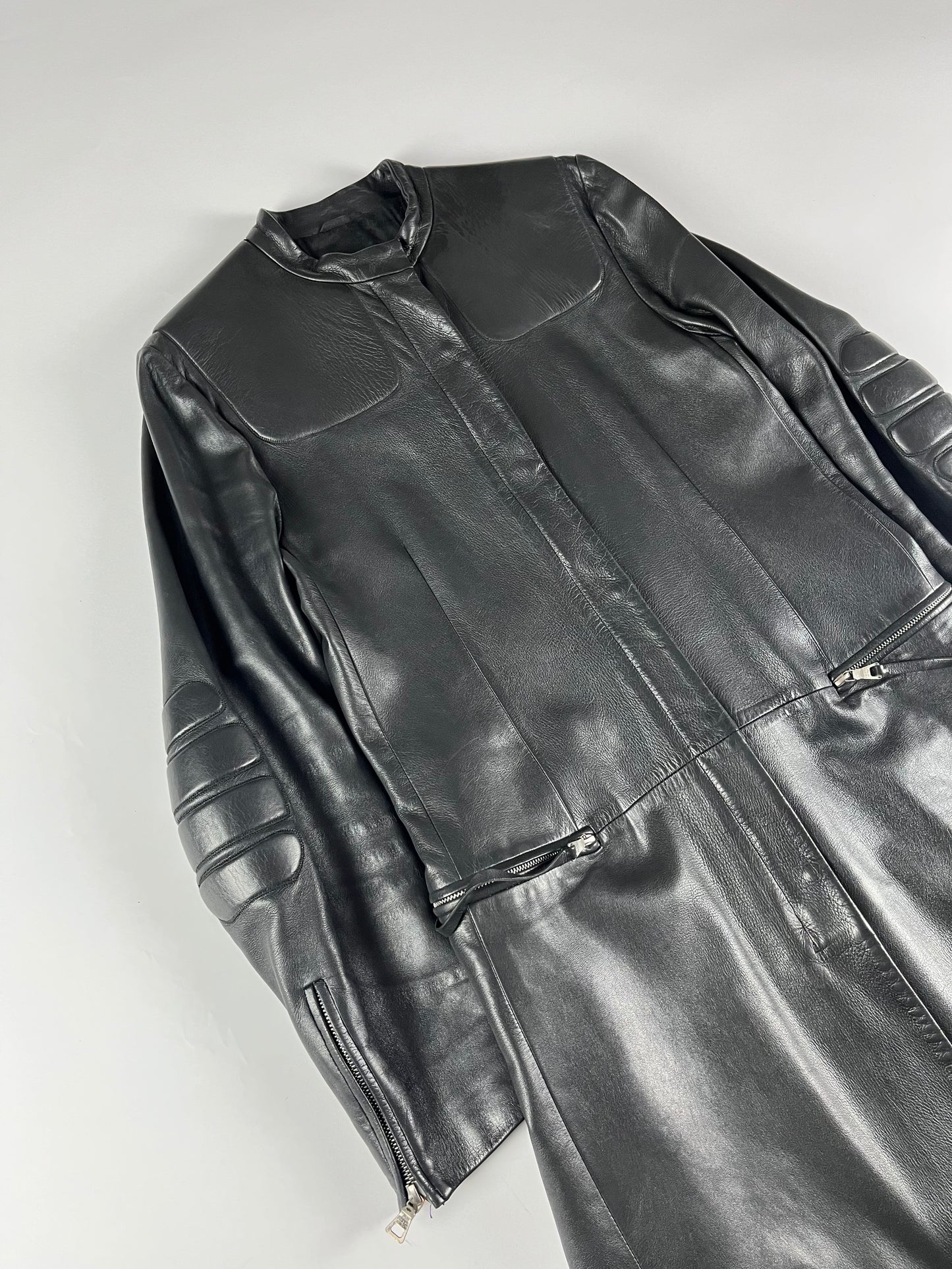 Prada Black Leather Padded Shoulder Coat FW 1999 - S