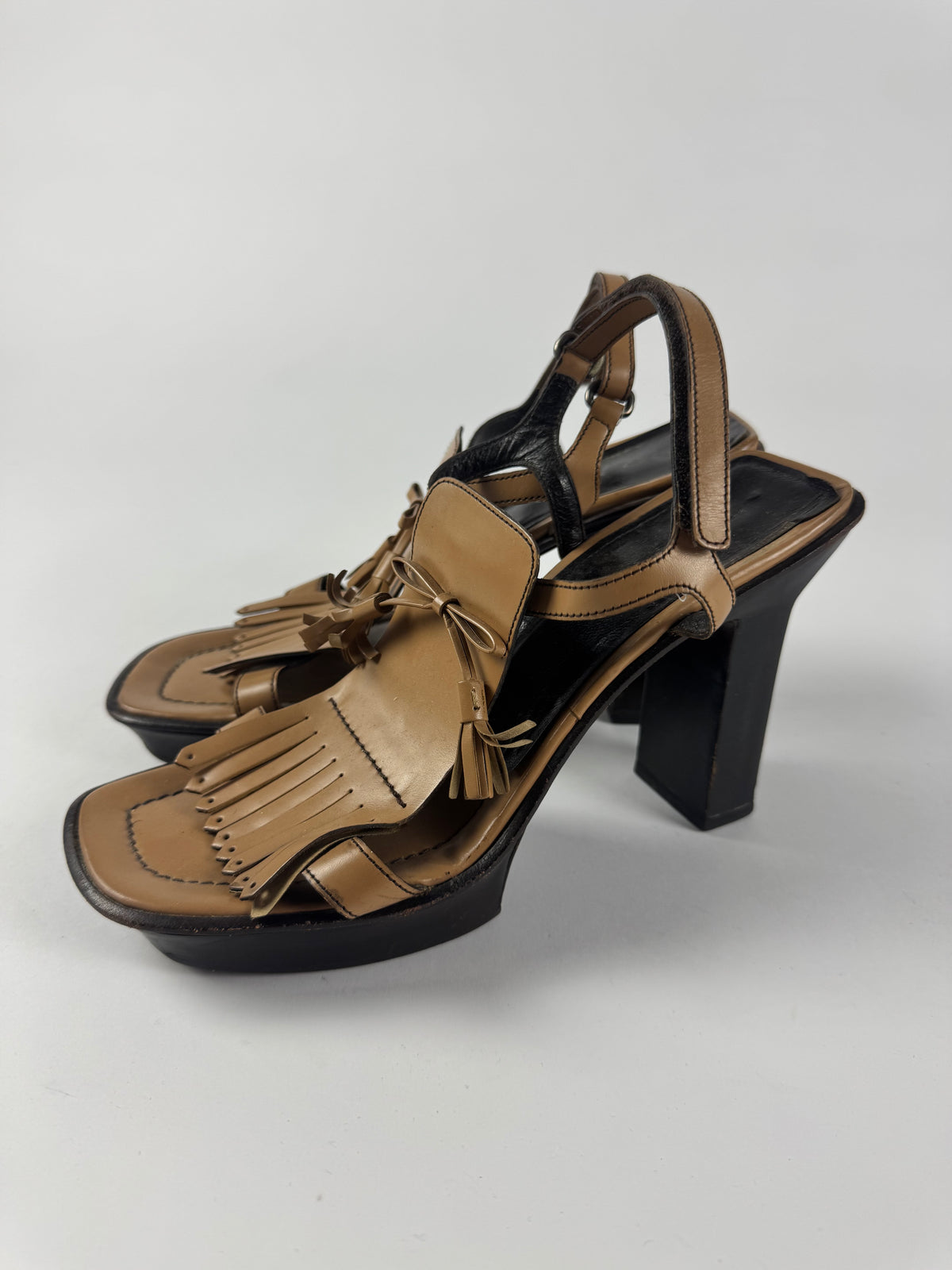 Prada Brown Fringe Leather Platform Ankle Strap Heels SS 1999 - 40 IT/40,5 EU