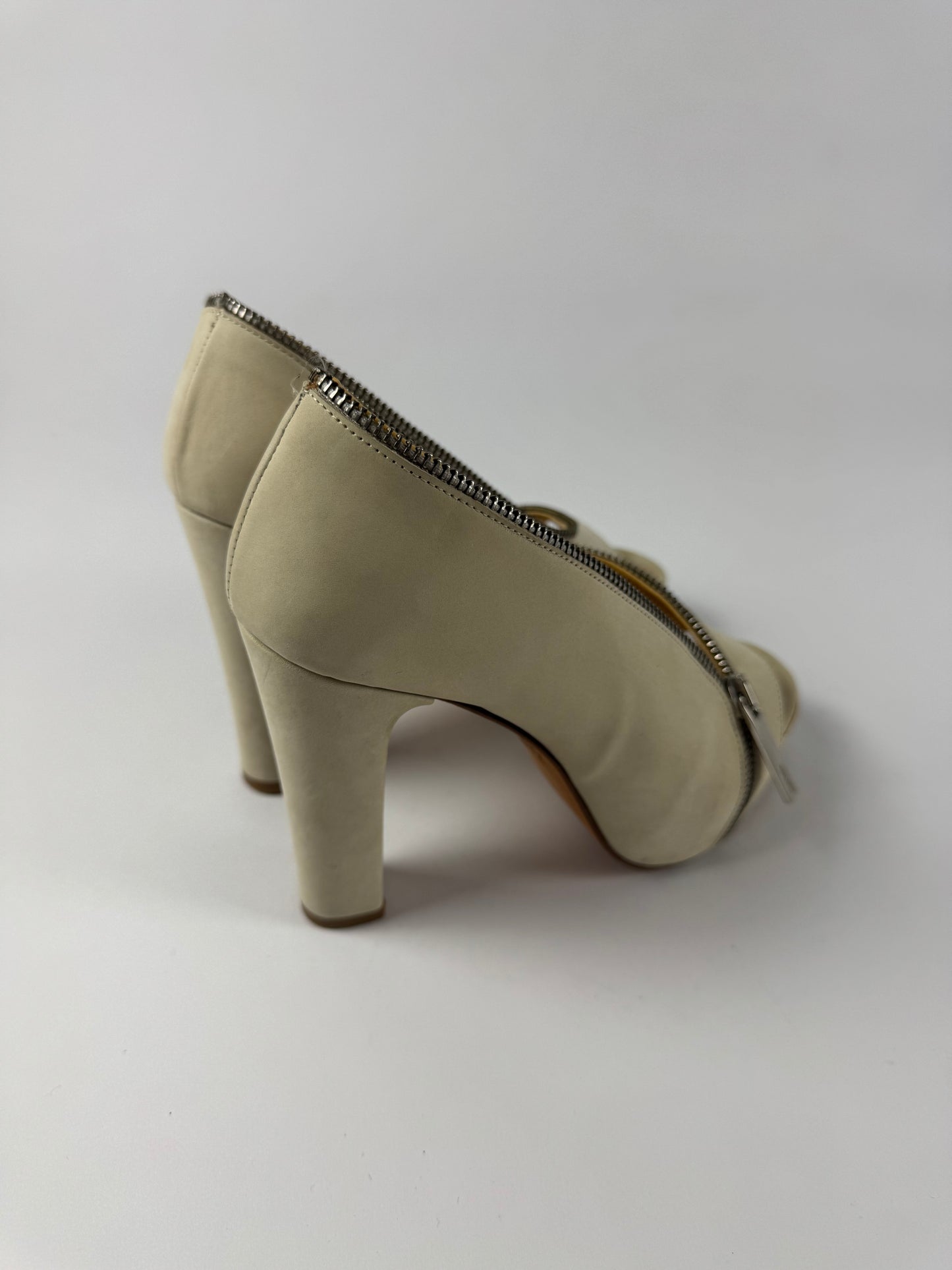 Jean Paul Gaultier Cream Suede Zipper Peep Toe Platform Block Heels - 36 EU