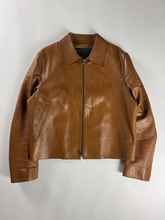 Prada Cognac Premium Leather Double Zipper Padded Layer Minimalist Jacket FW 2000 - L