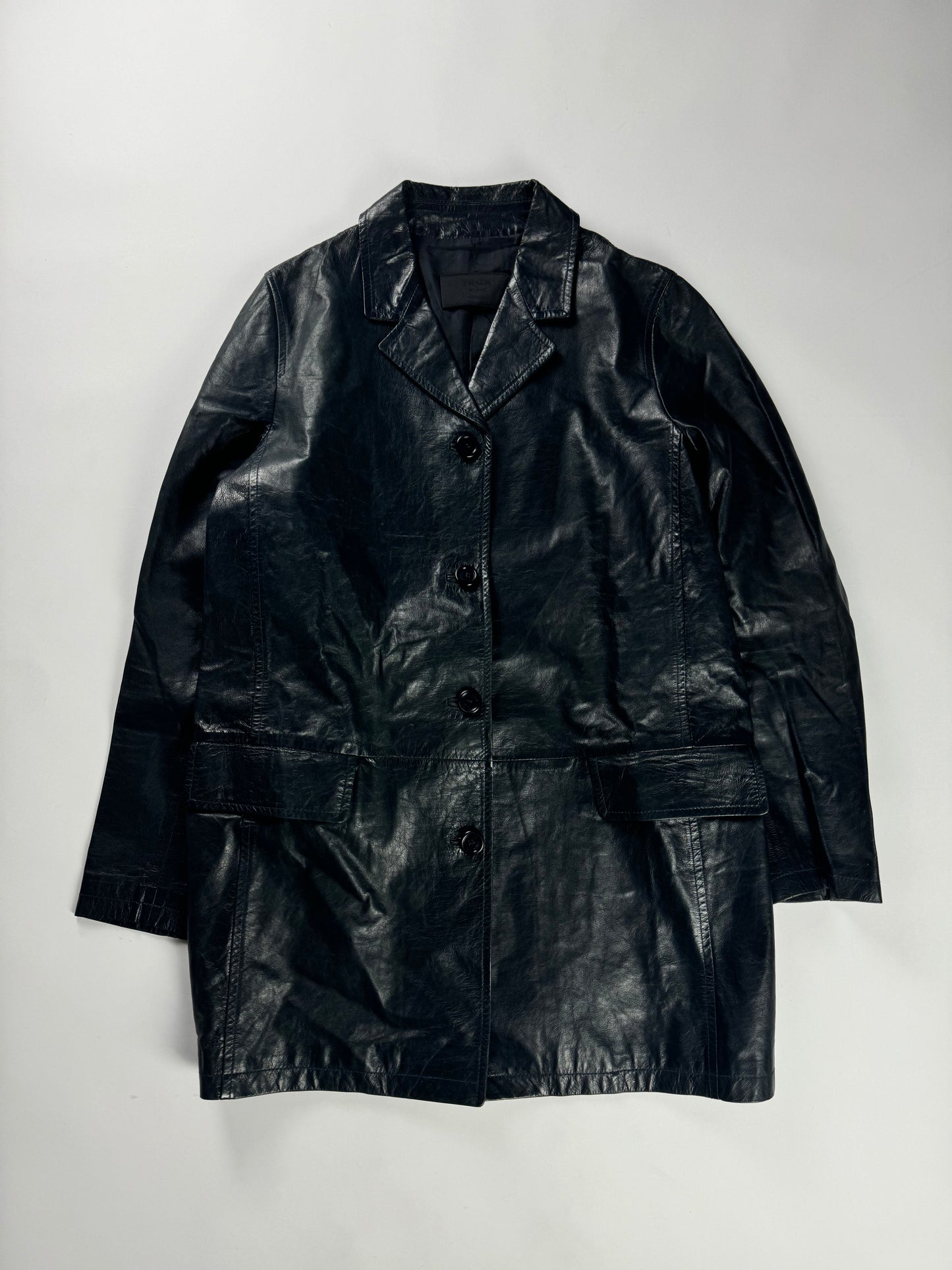 Prada Dark Leather Minimalist Coat 1990s - S