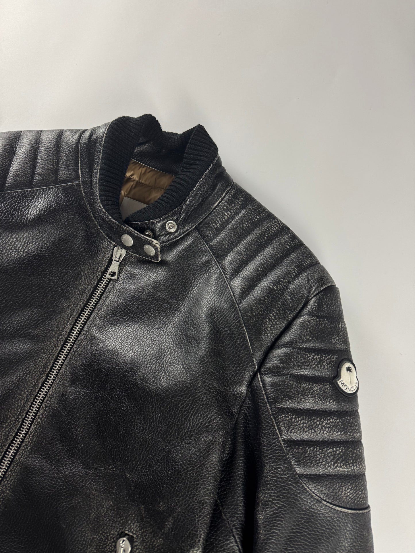 Moncler x Palm Angels Vicsek Full Grain Leather Down Moto Jacket FW 2023 - S