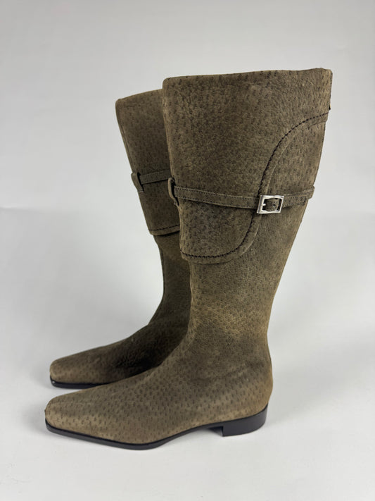 Prada Embossed Leather Pointed Toe Cavalier Belted High Boots FW 2000 - 36 IT/37 EU