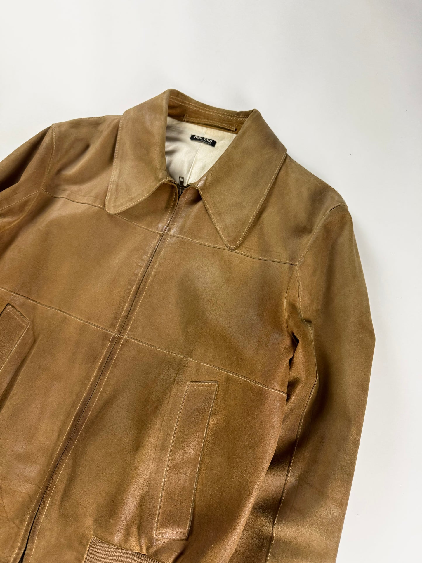 Miu Miu Camel Tan Leather Bomber Pointed Collar Jacket 2000s - M