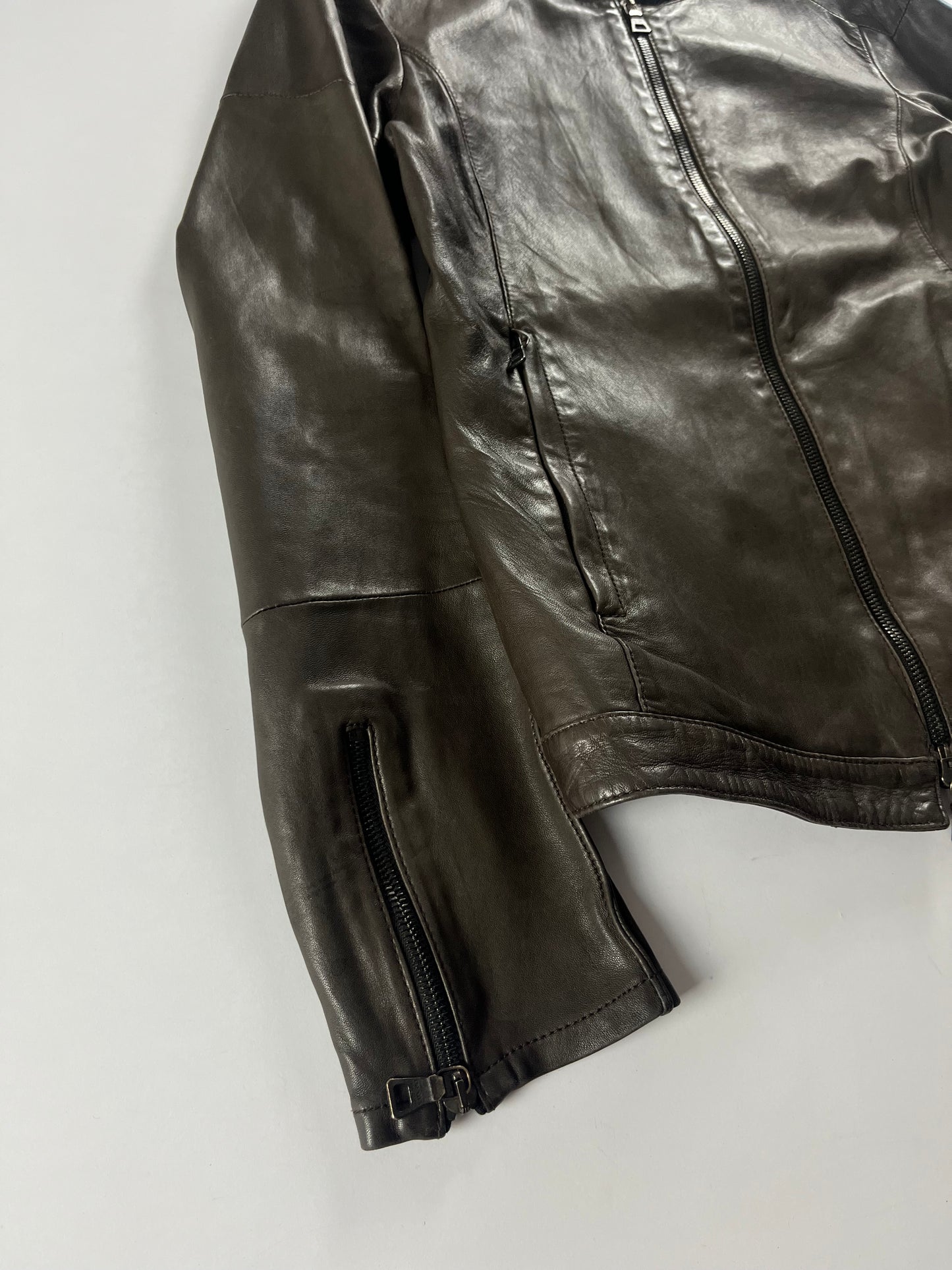 Prada Brown Leather Biker Jacket 2000s - XS