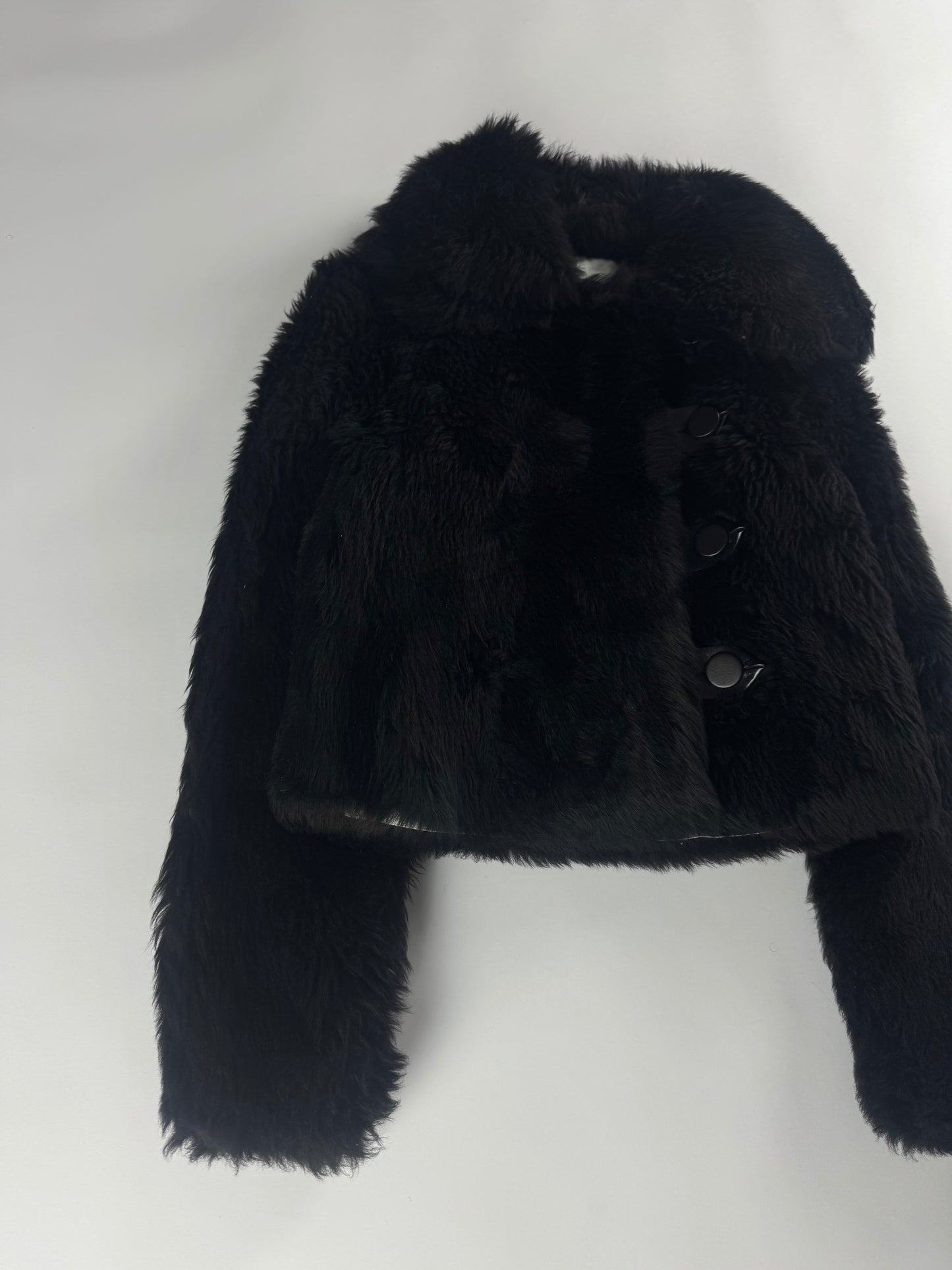 Louis Vuitton Sample Black Lamb Fuzzy Fur Crop Side Button Jacket FW 2015 - XS