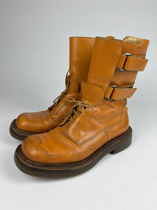 Prada Camel Leather Double Strapped Square High Boots FW 1999 - 43 EU/44 EU