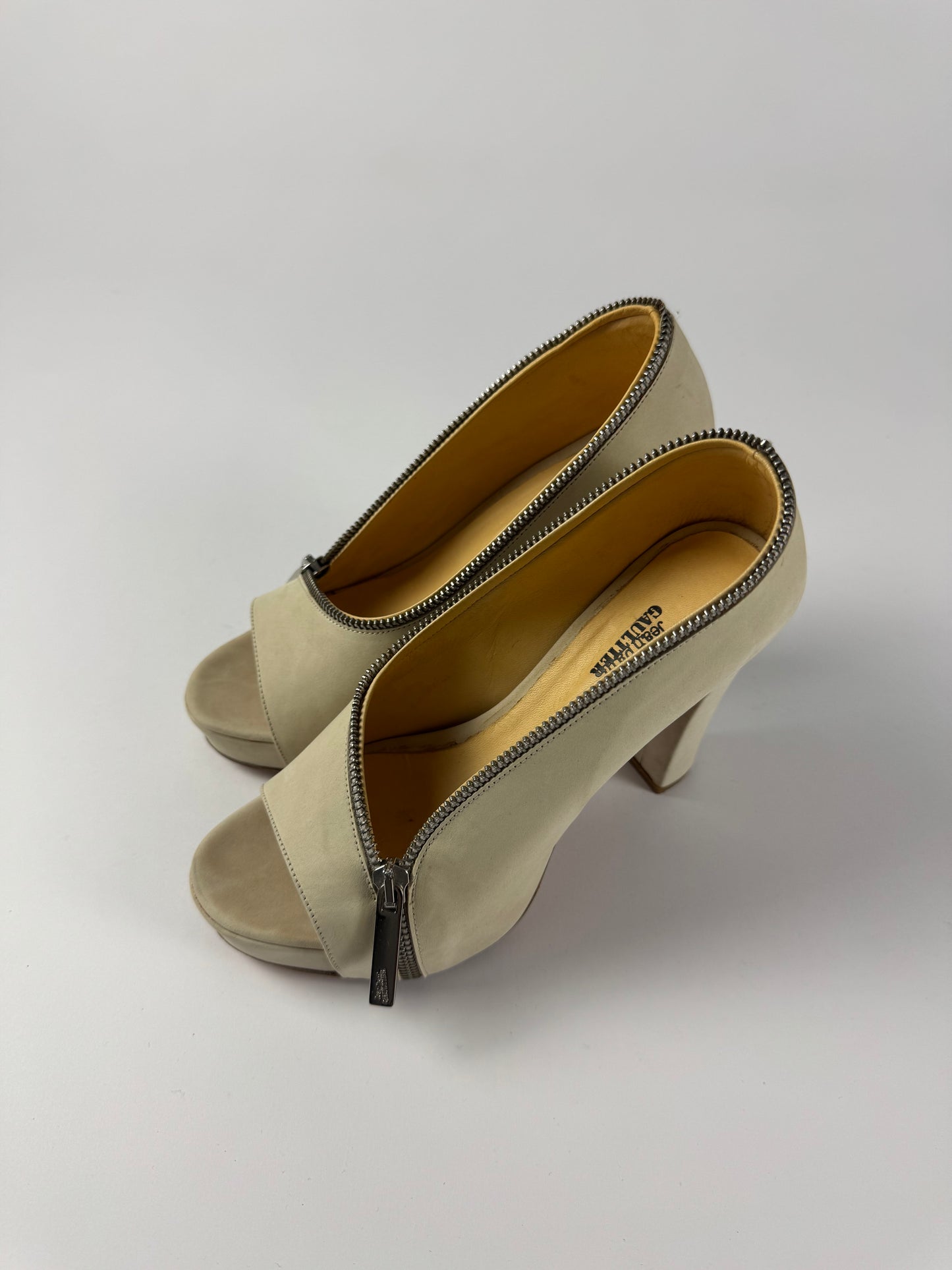 Jean Paul Gaultier Cream Suede Zipper Peep Toe Platform Block Heels - 36 EU