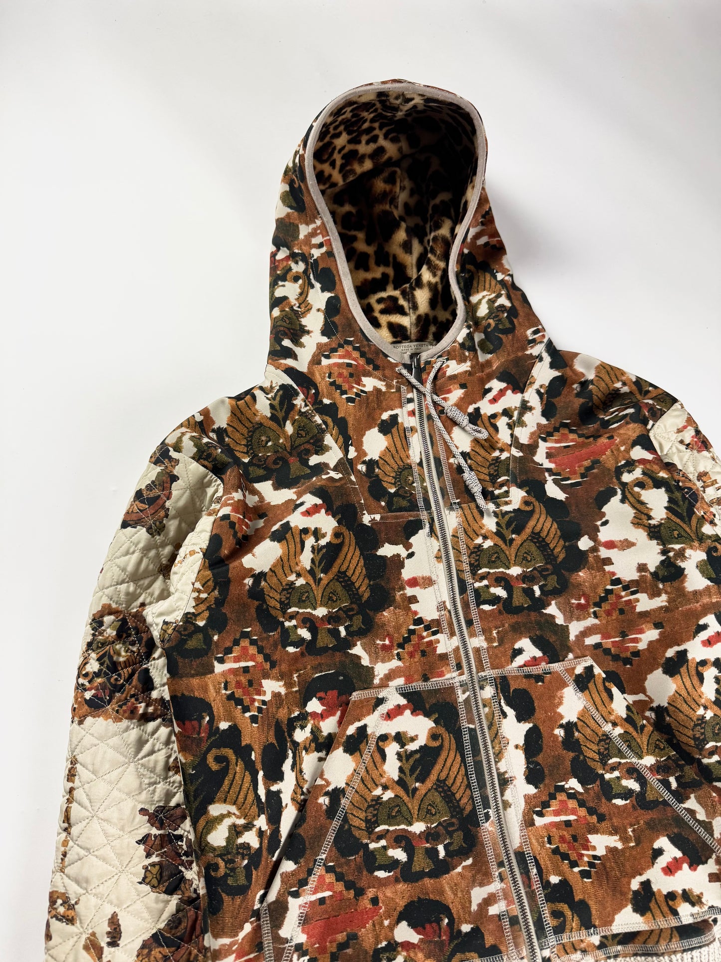 Bottega Veneta Baroque Tapestry Print Leopard Lined Hood Quilted Sleeves Zip Hoodie SS 2016 - S