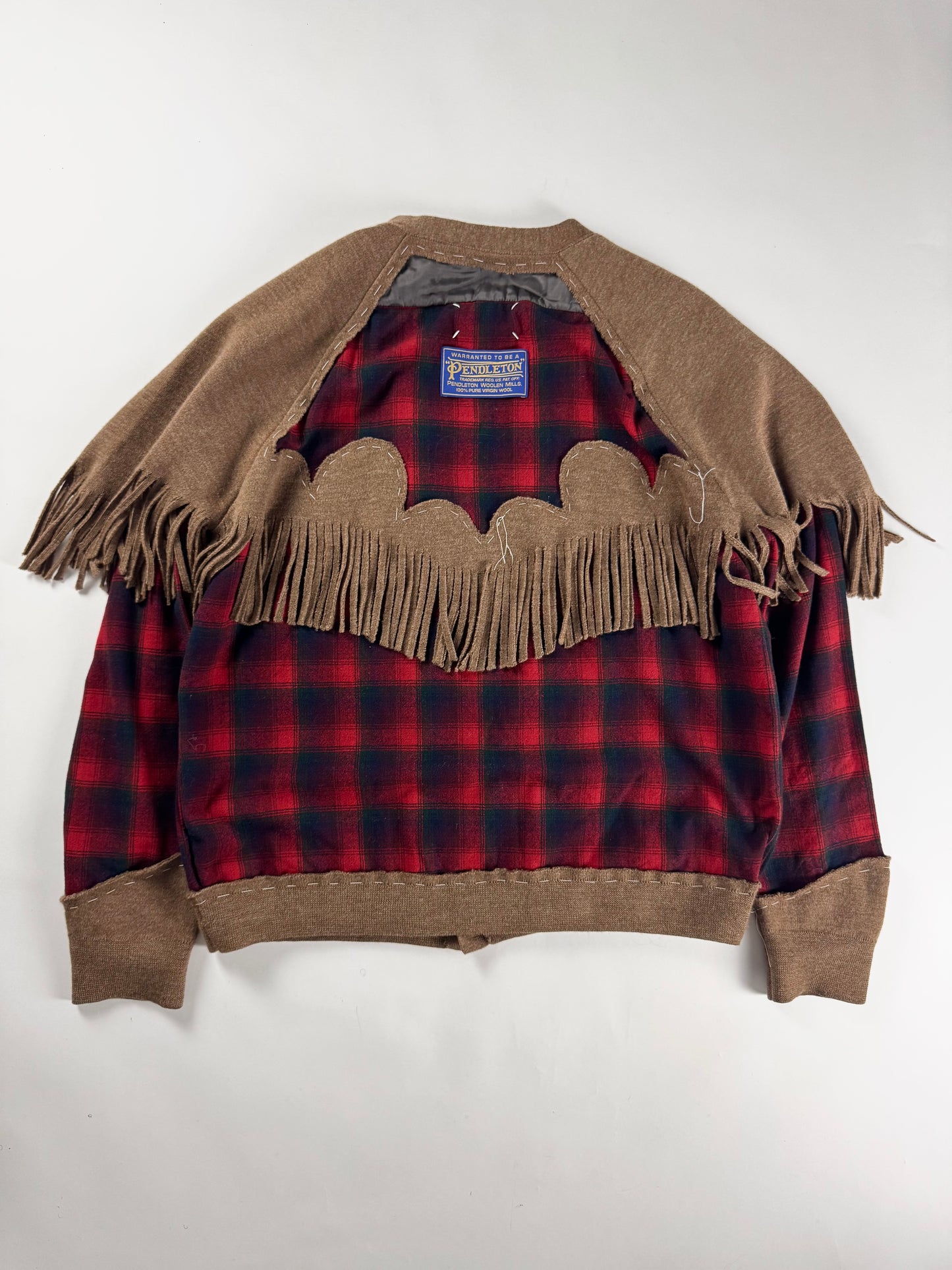 Maison Margiela x Pendleton Red Tartan Plaid Tan Knit Western Fringe Cardigan FW 2023 - XXL
