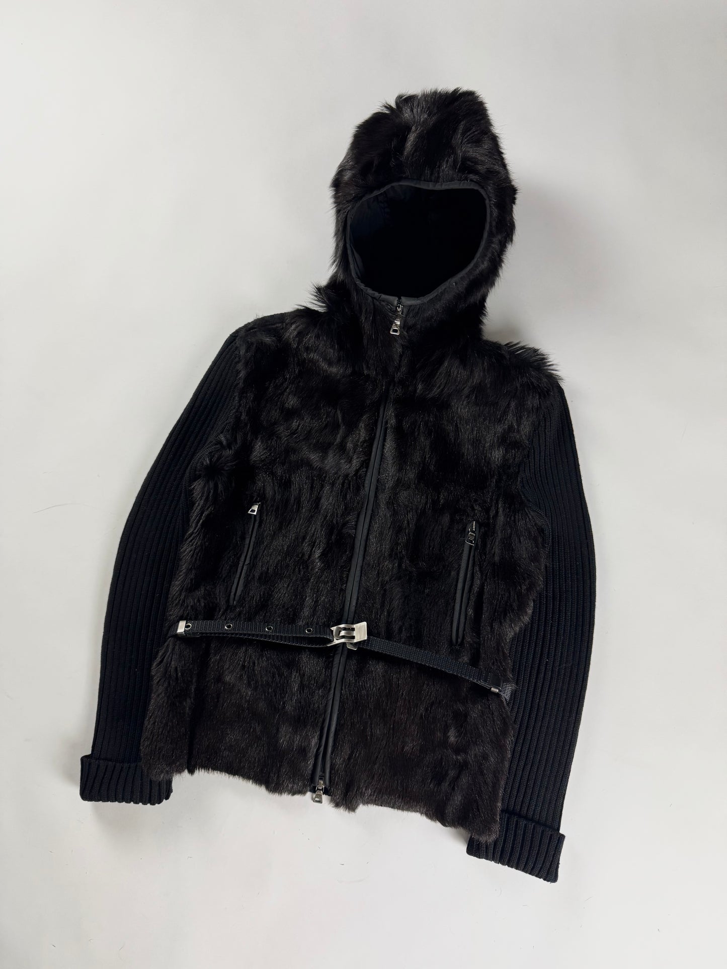 Prada Hooded Kid Fur Balaclava Wool Belted Jacket FW 1999 - S