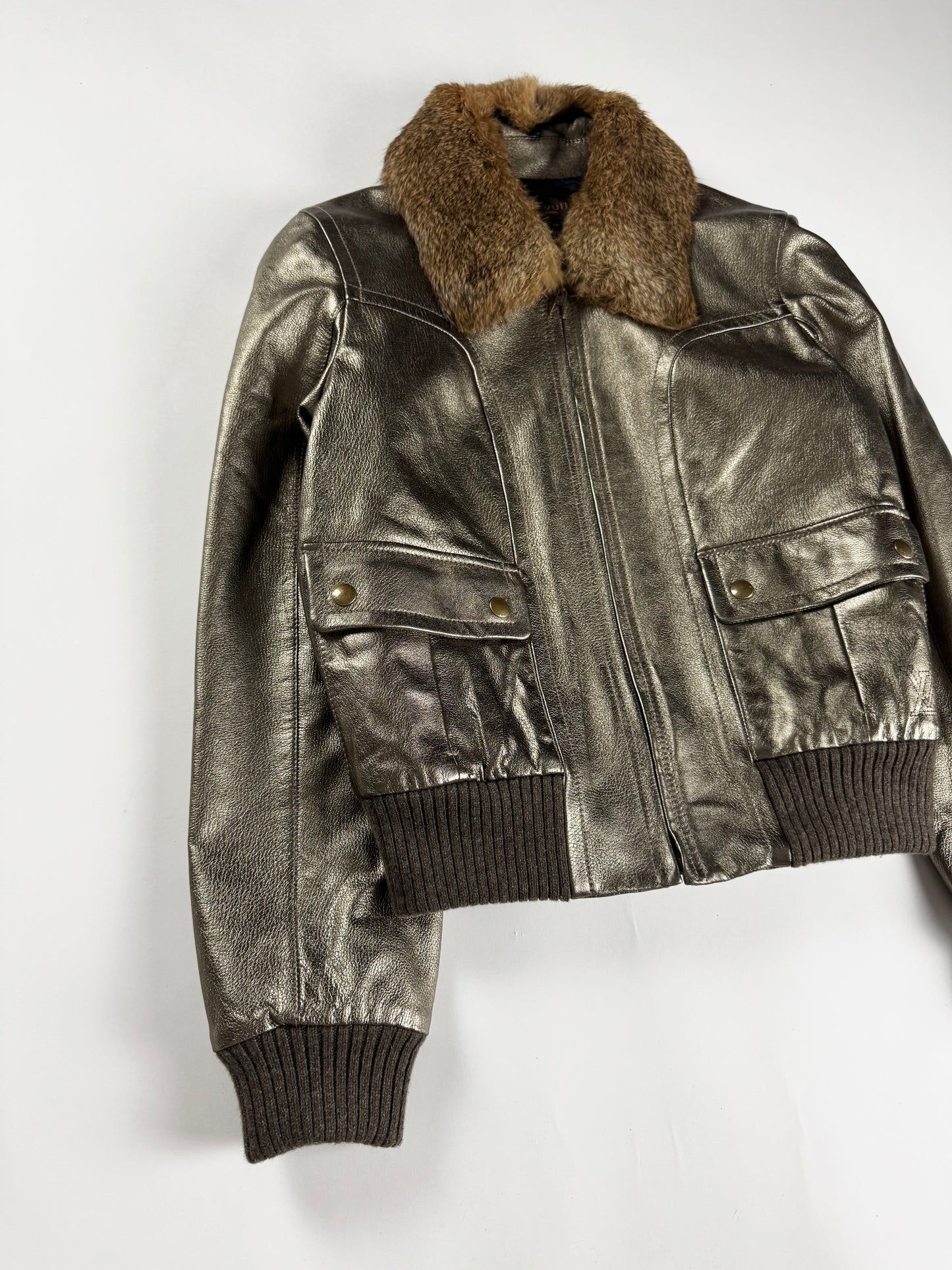 Louis Vuitton Metallic Bronze Leather Fur Collar Gold Hardware Ribbed Trim Bomber Jacket FW 2008 - S