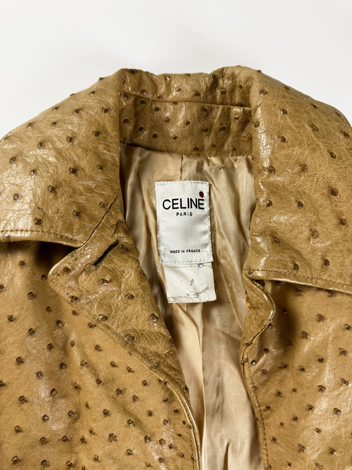 Celine Camel Tan Embossed Ostrich Skin Leather Jacket 2000s - S