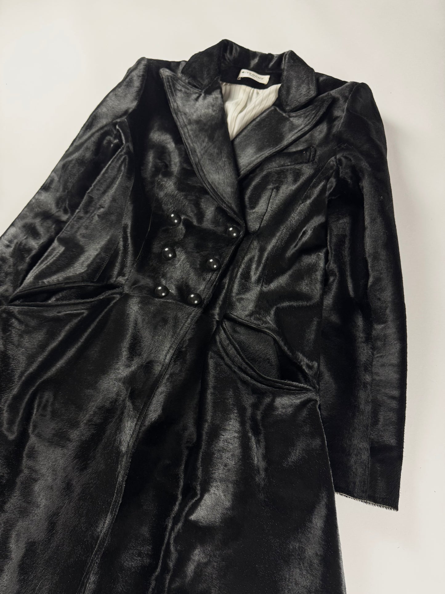 Givenchy Black Ponyhair Calf Hair Double Breasted Flared Midi Coat 2010s - S