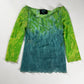 Jean Paul Gaultier Acid Green Teal Ombre Tie Dye Scoop Neck Lettuce Hem Mesh Top 2000s - S