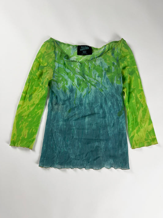 Jean Paul Gaultier Acid Green Teal Ombre Tie Dye Scoop Neck Lettuce Hem Mesh Top 2000s - S