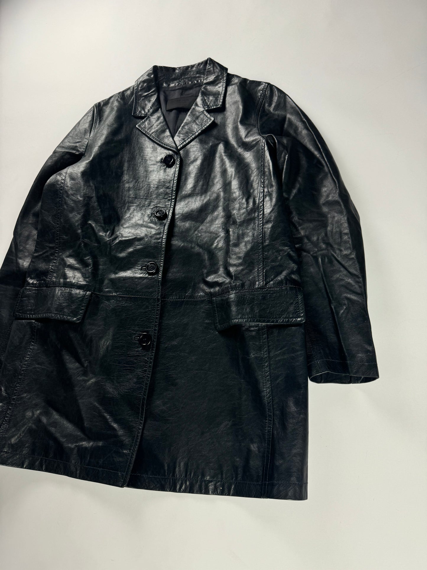 Prada Dark Leather Minimalist Coat 1990s - S