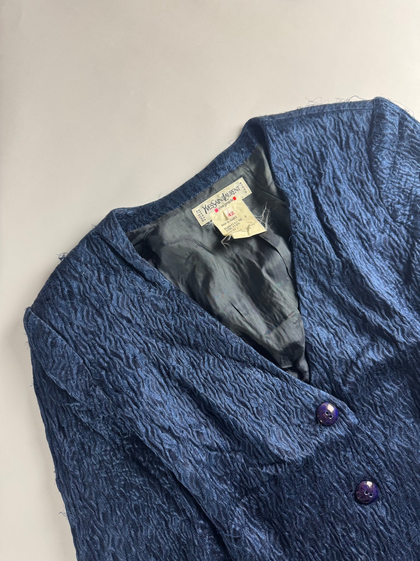 Yves Saint Laurent Rive Gauche Deep Blue Textured Plissé Set 1990s - S