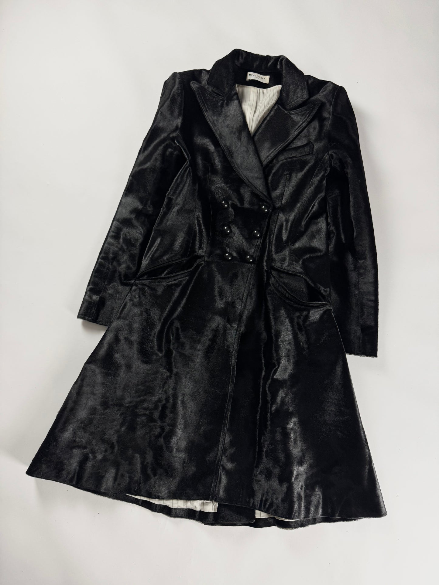 Givenchy Black Ponyhair Calf Hair Double Breasted Flared Midi Coat 2010s - S