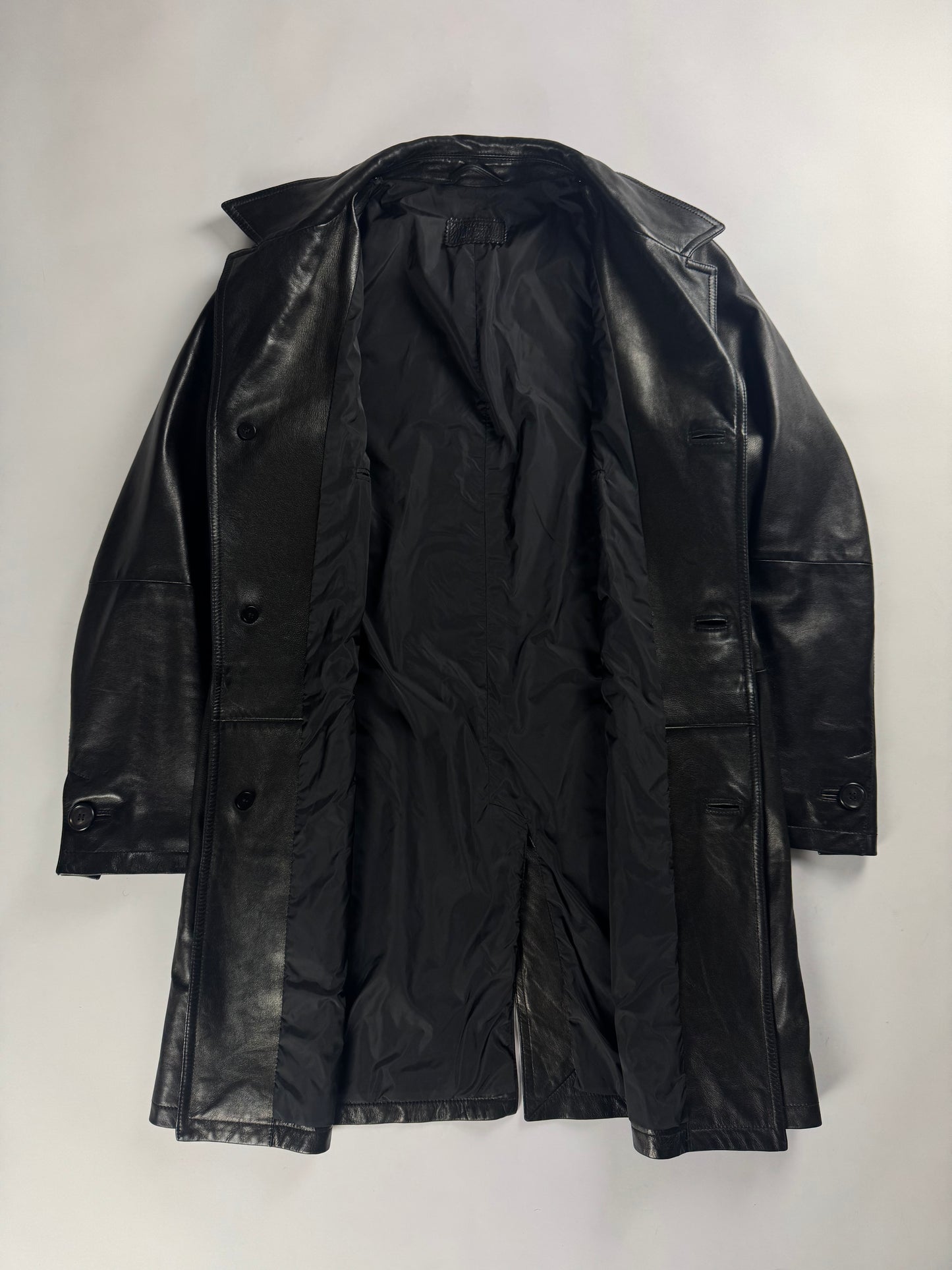 Prada Pure Black Buttoned Minimalist Leather Long Coat FW 2001 - L