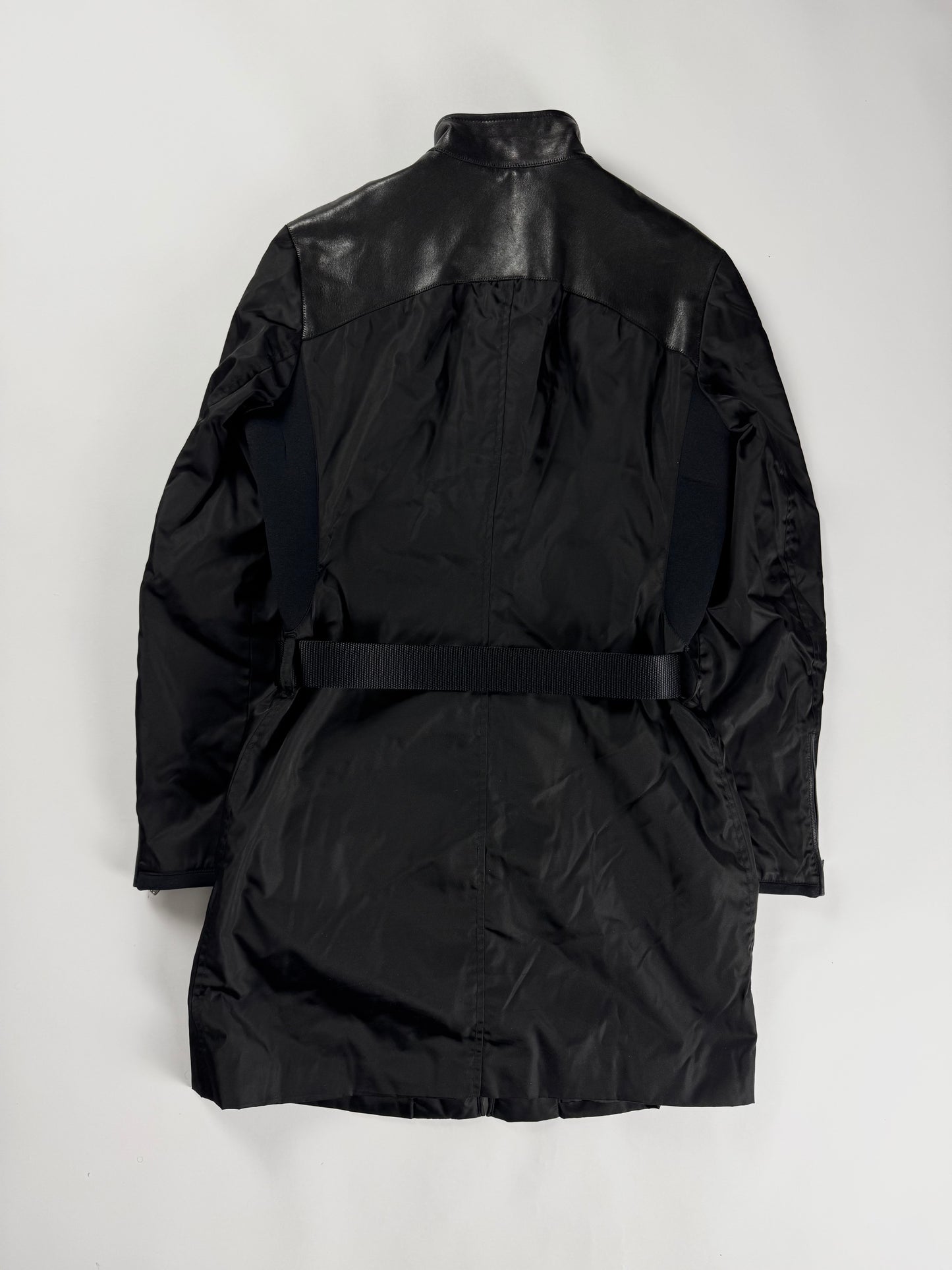 Prada Leather Shoulder Detail Strapped Belted Nylon Hooded Coat FW 1999 - S