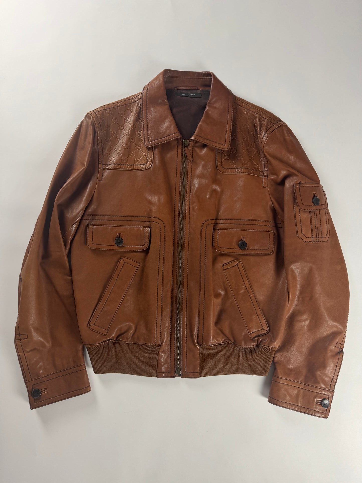 Gucci Tom Ford Camel Brown Monogram Leather Bomber Jacket 2000s - XL