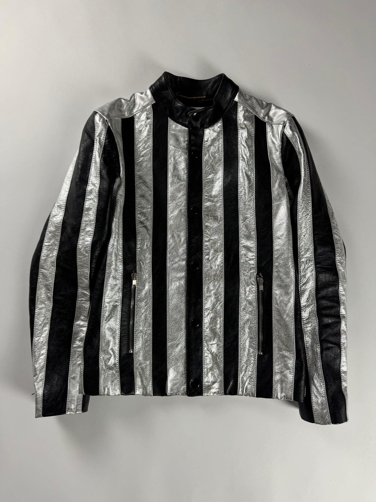Saint Laurent Sample Metallic Silver Striped Leather Jacket Pre Fall 2015 - XS