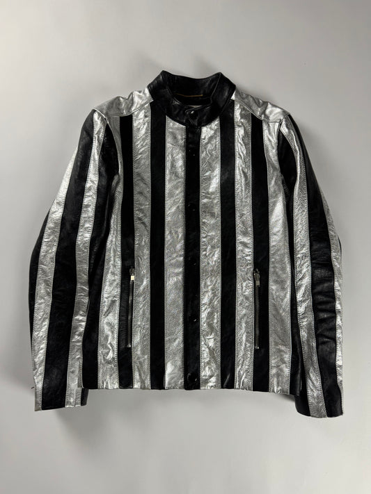 Saint Laurent Sample Metallic Silver Striped Leather Jacket Pre Fall 2015 - XS