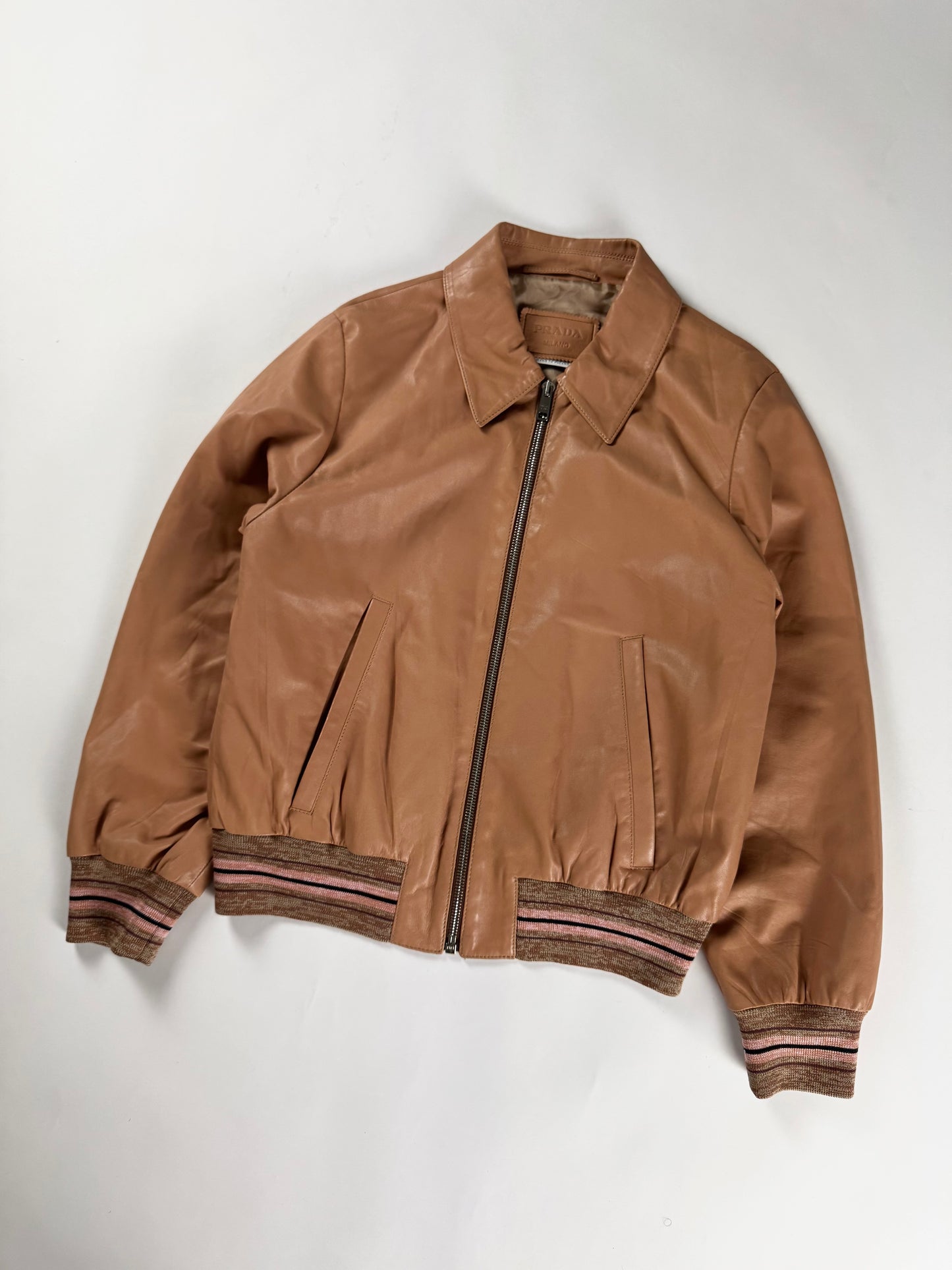 Prada Milano Soft Leather Pink Stripped Knit Rib Bomber Jacket 2010s - XS