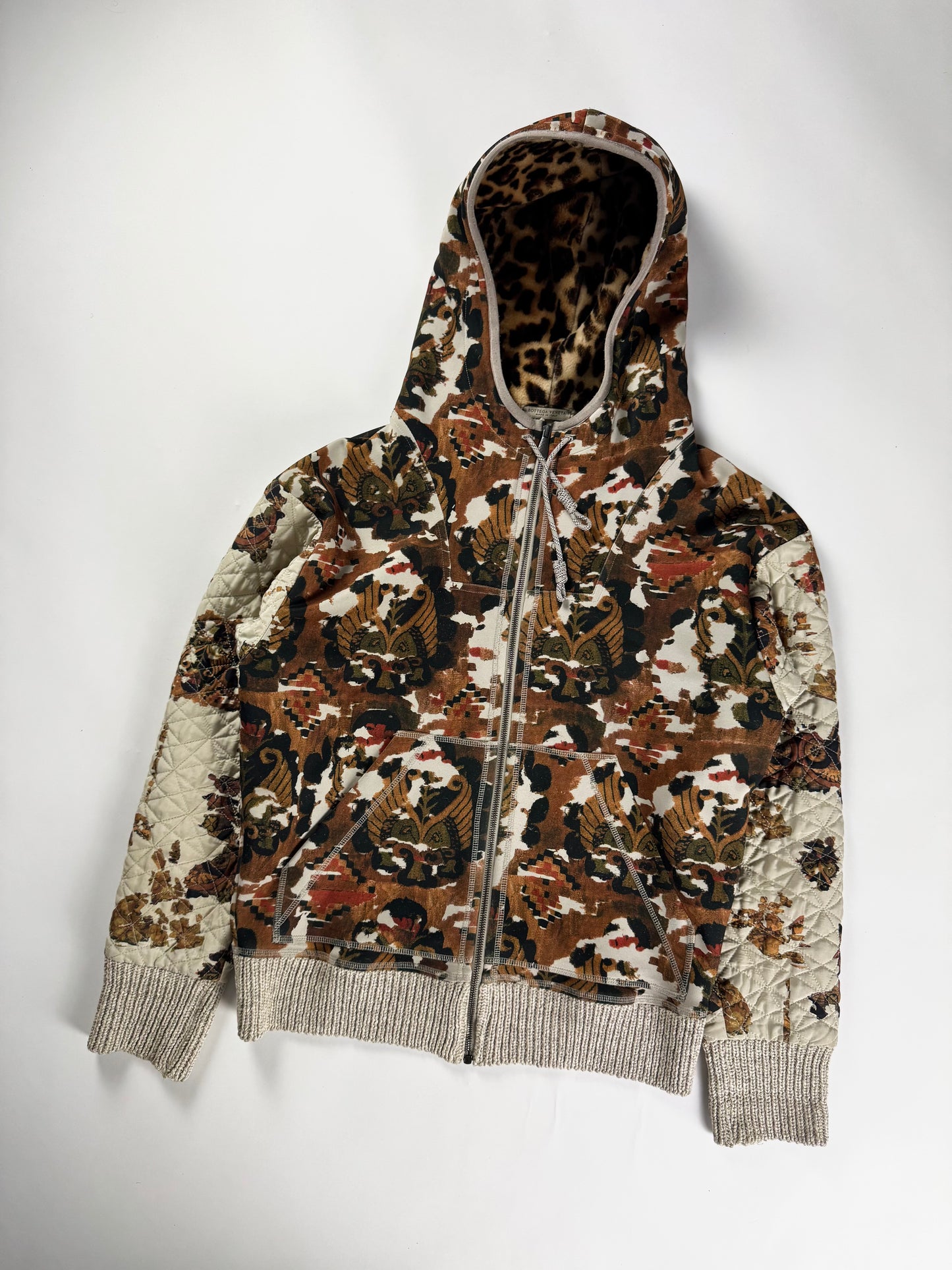 Bottega Veneta Baroque Tapestry Print Leopard Lined Hood Quilted Sleeves Zip Hoodie SS 2016 - S