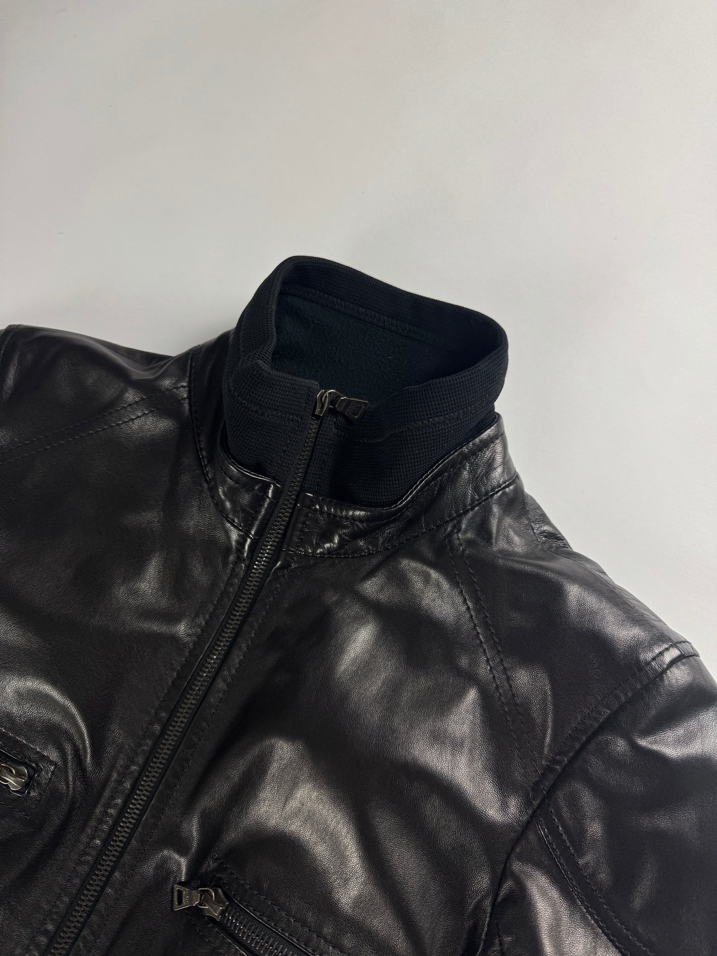 Prada Cuffed Arm Black Leather Moto Jacket SS 2000 - XS
