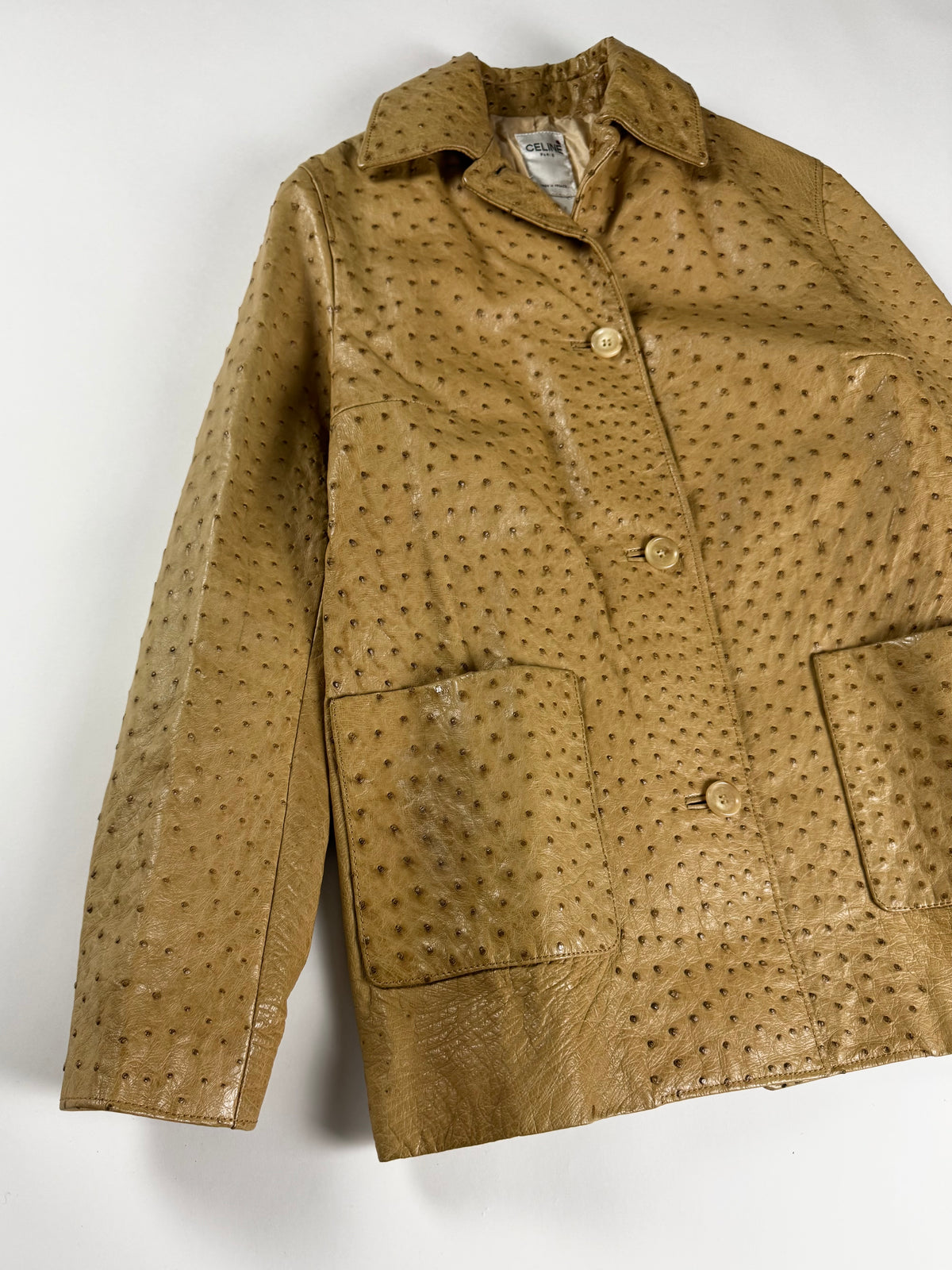 Celine Camel Tan Embossed Ostrich Skin Leather Jacket 2000s - S