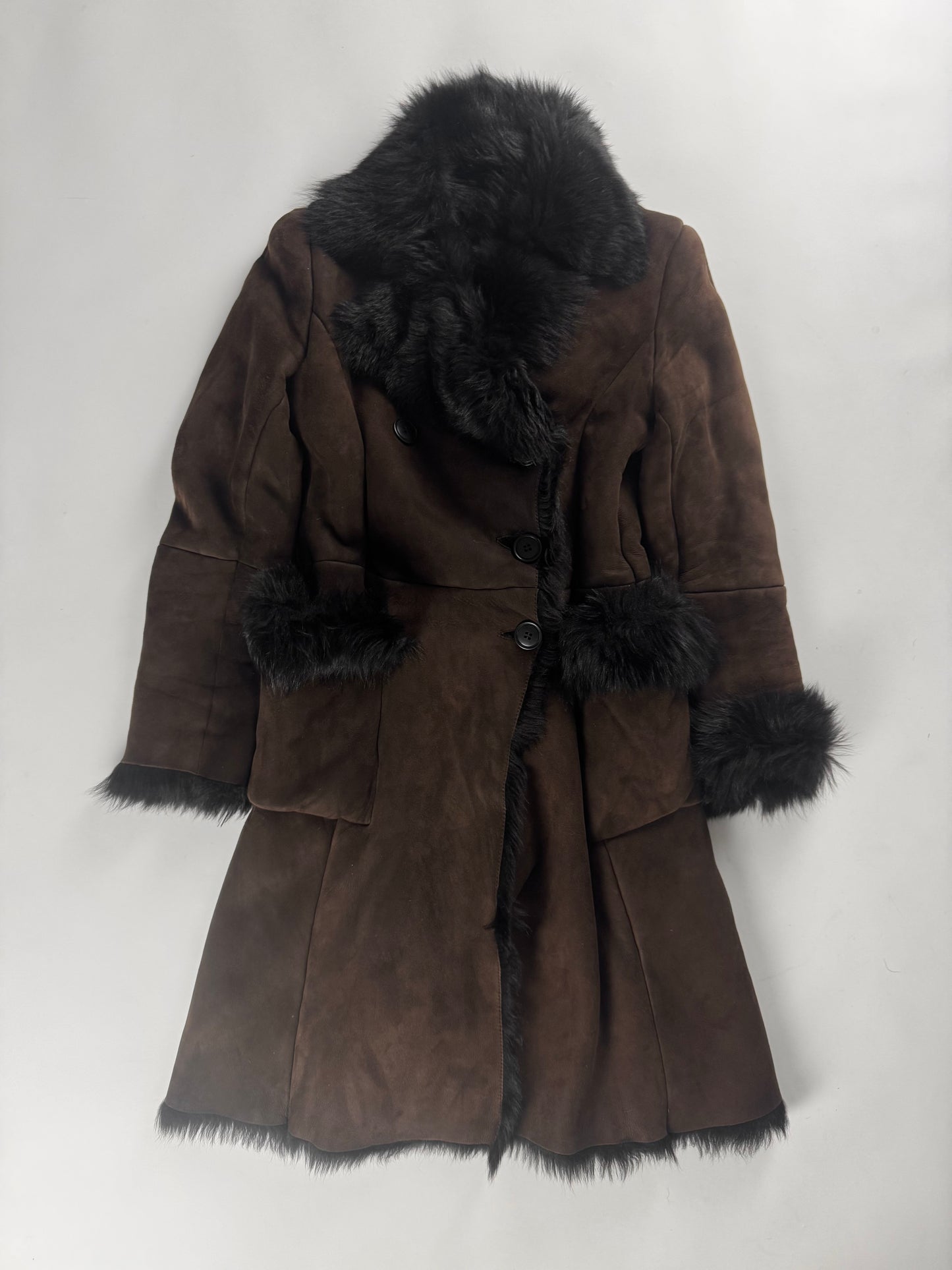 Prada Brown Fur Trimmed Brushed Sheepskin Leather Coat FW 2010 - S
