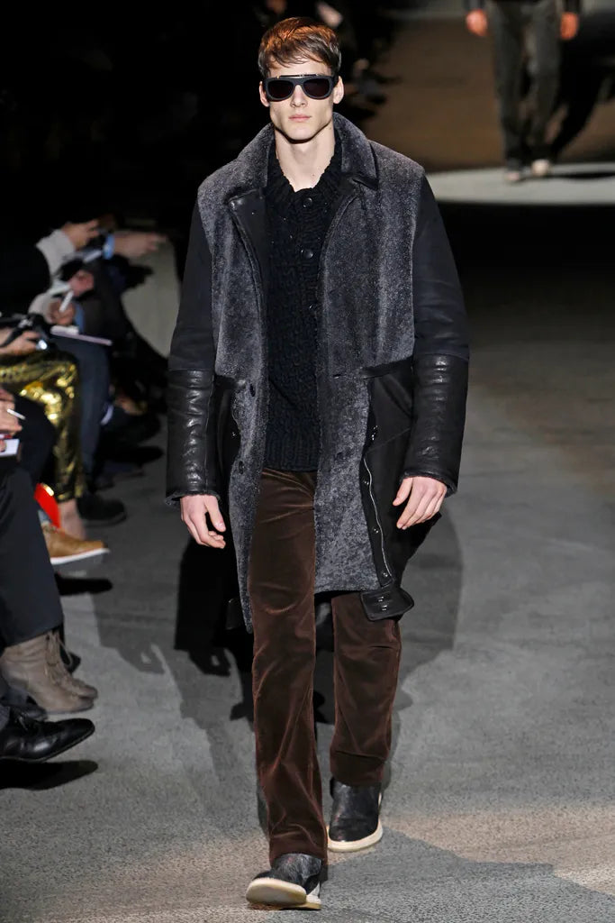 Louis Vuitton Sample Charcoal Shearling Cloude Sleeve Midi Black Collar Leather Tab Pocket Coat FW 2011 - M