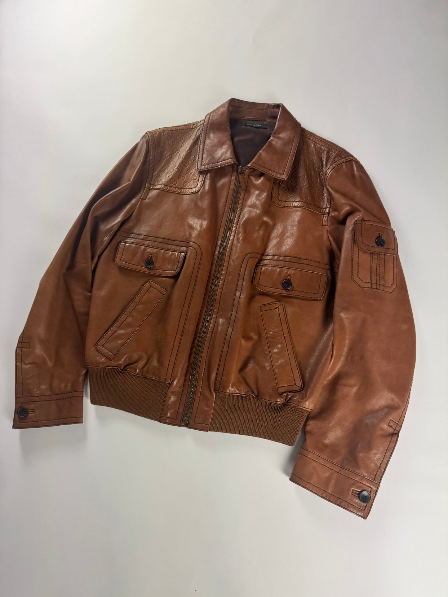 Gucci Tom Ford Camel Brown Monogram Leather Bomber Jacket 2000s - XL