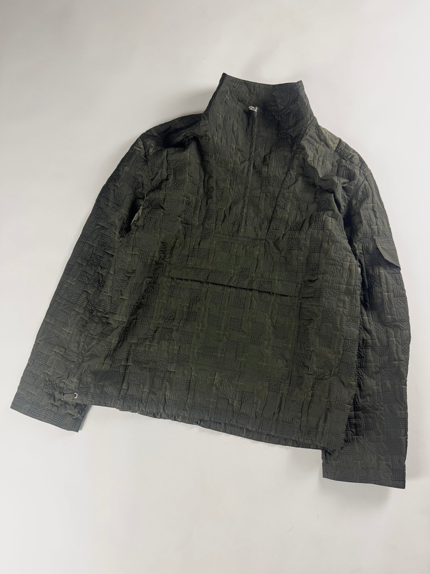 Hermès Sample Soft Military Khaki Plaid Funnel Neck Half Zip Jacket SS 2020 - L
