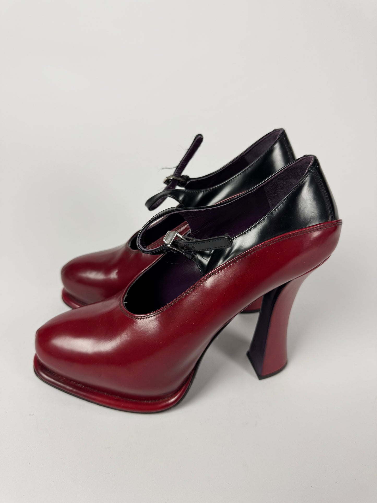 Prada Dipped Red Burgundy High Platform Mary Jane Round Toe Heels FW 2012 - 38 IT/38,5 EU