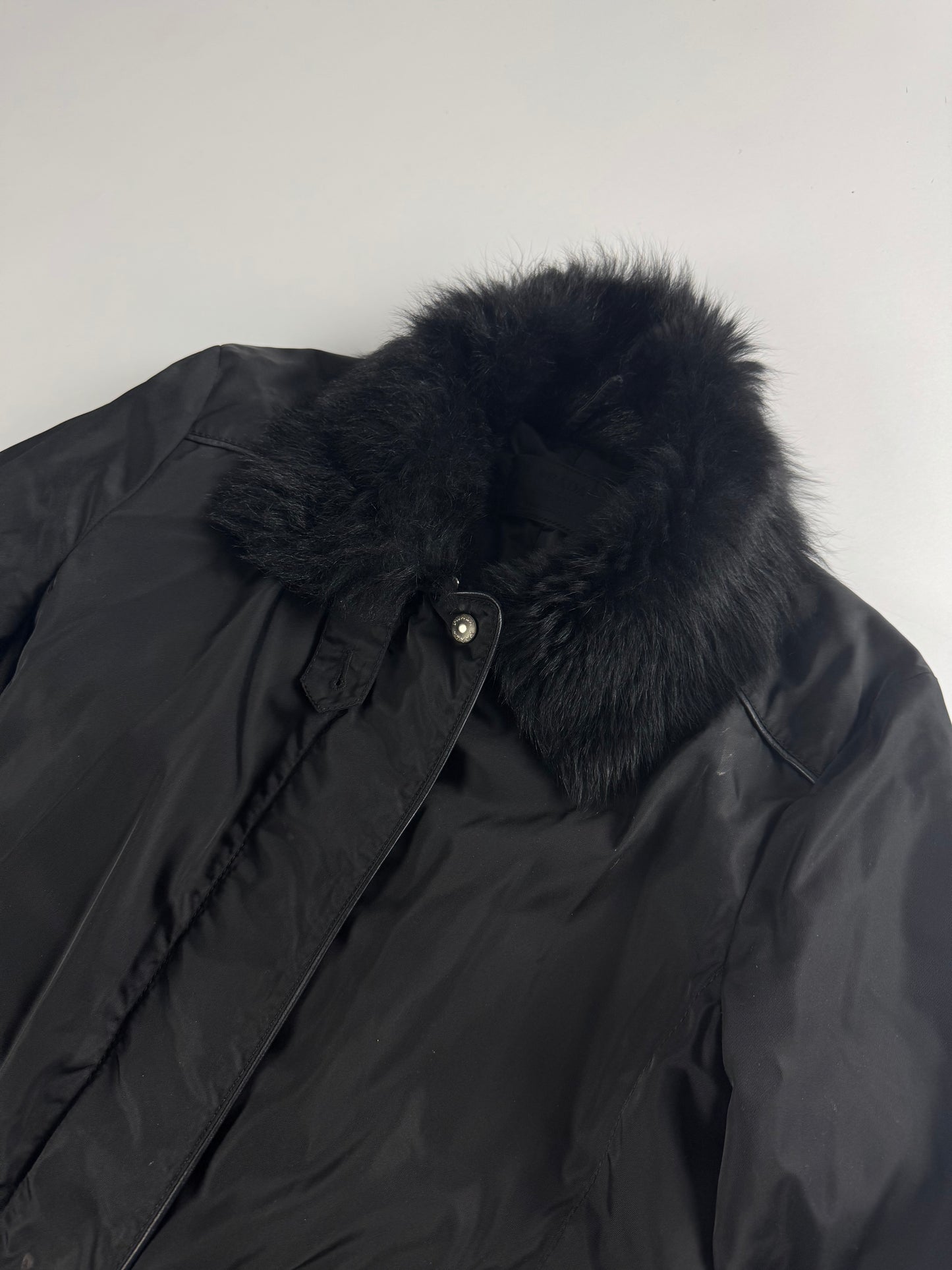 Prada Fur Collar Double Zip Nylon Long Coat 2000s - S