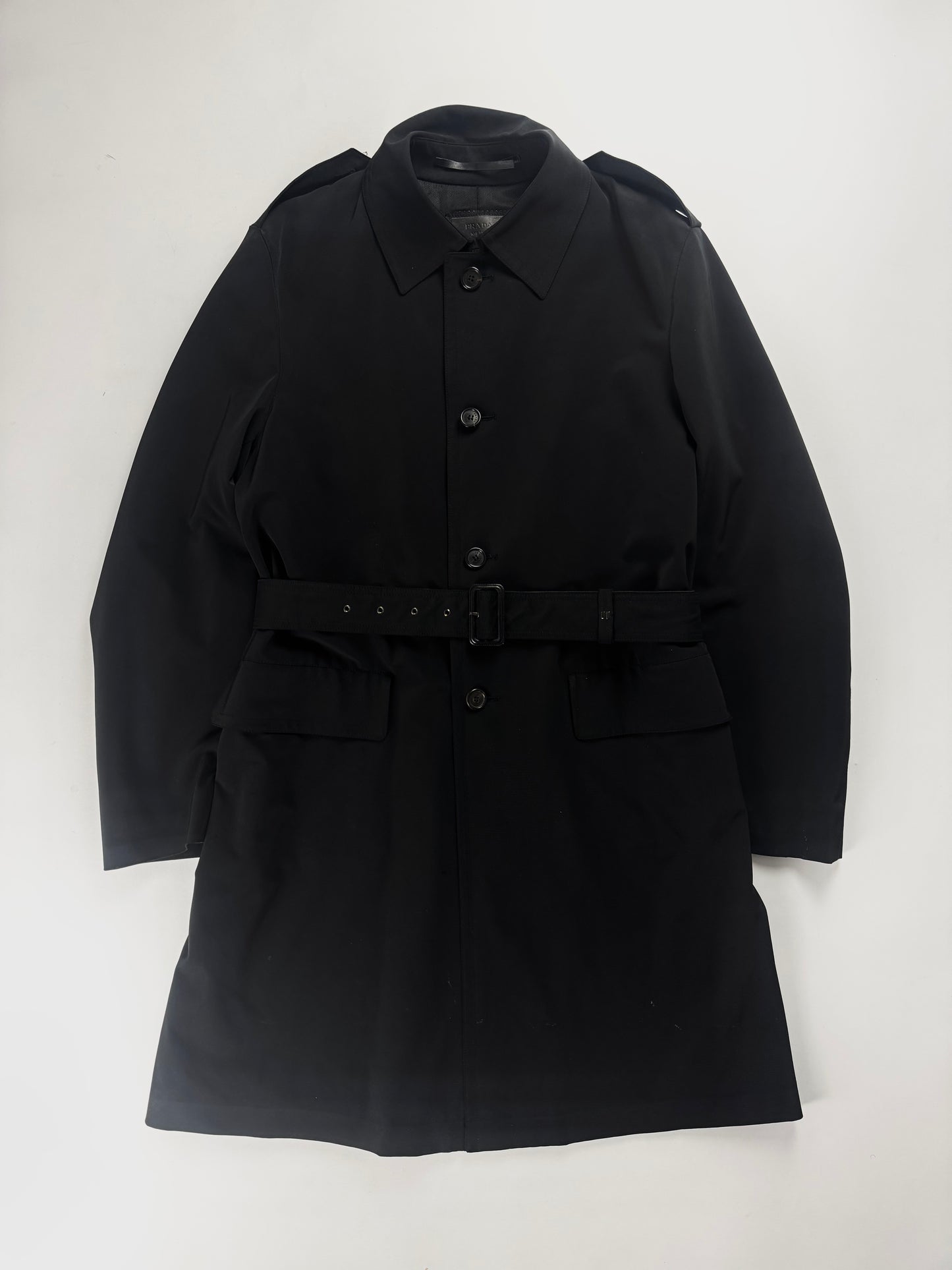 Prada Milano Black Single Breasted Minimalist Belted Coat FW 2000 - L