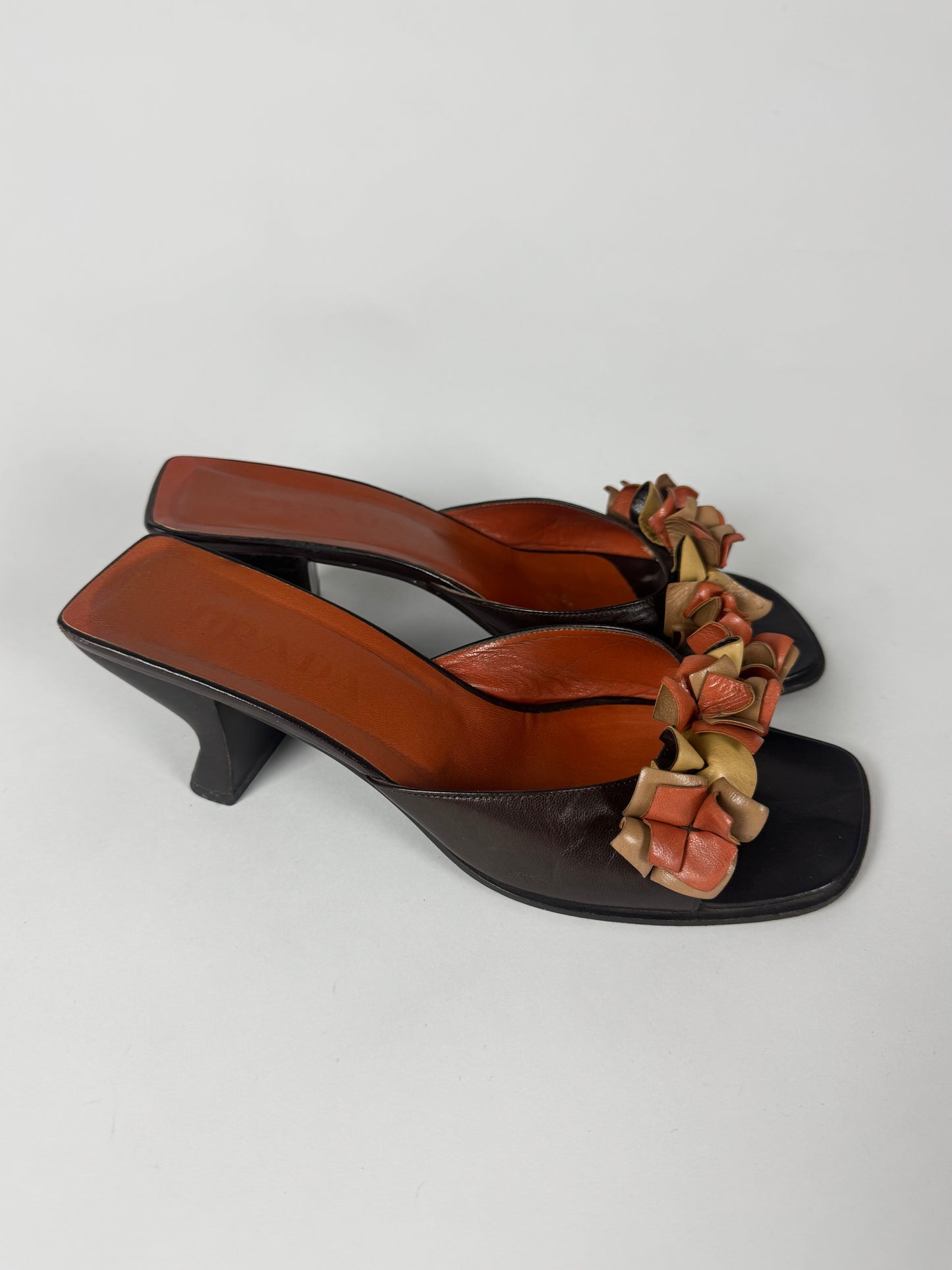 Prada Leather Floral Embellishment Square Toe Heel Mules 1990s - 38 IT/39 EU