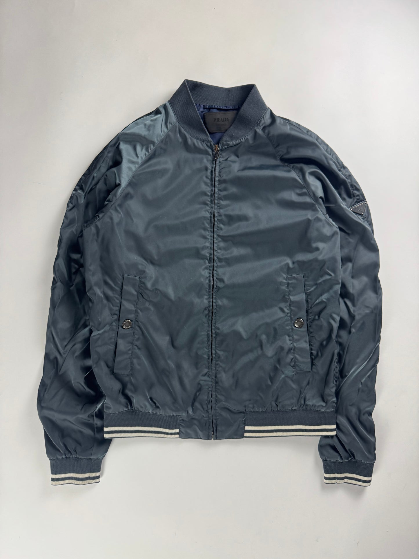 Prada Triangle Logo Navy Nylon Bomber Jacket 2010s - M