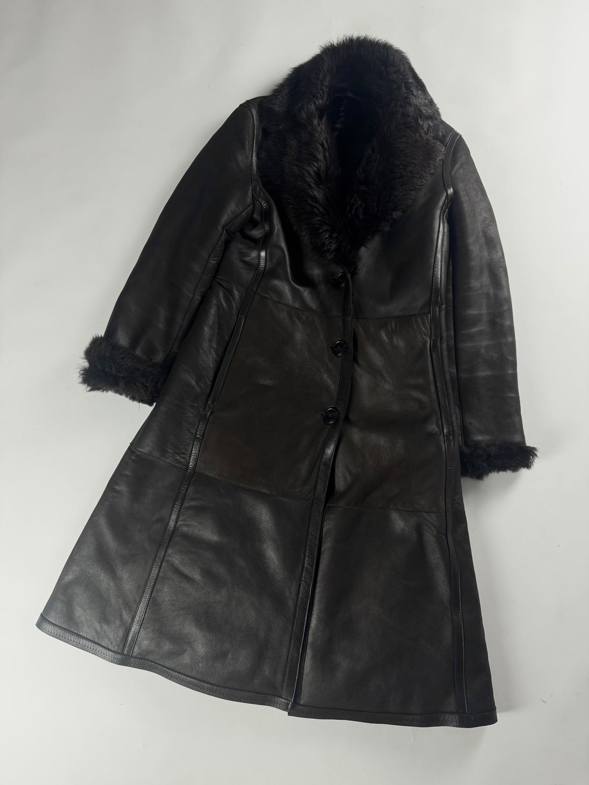 Prada Dark Fur Trimmed Double Breasted Sheepskin Leather Coat 2000s - S